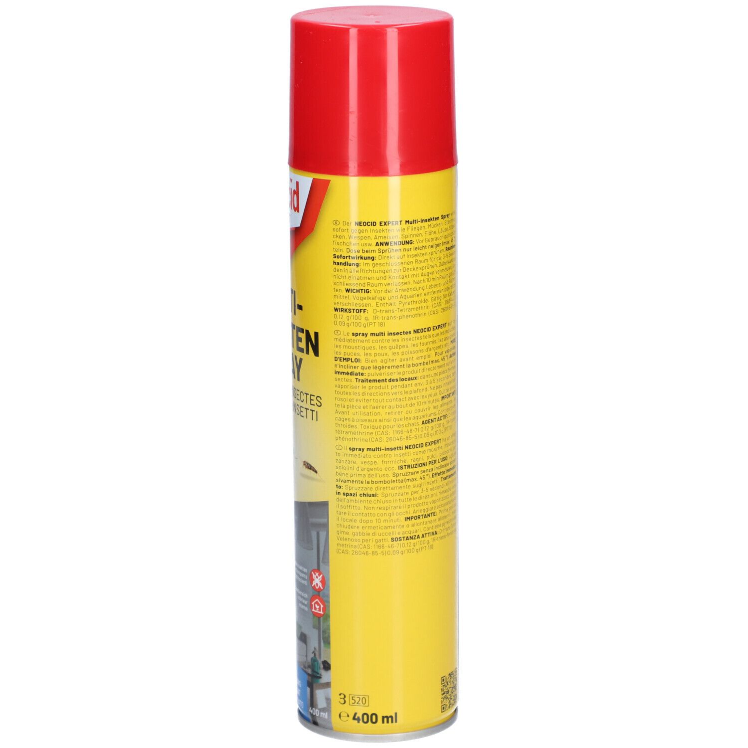 Gelbe Sprühdose mit rotem Deckel. Text und Piktogramme auf der Dose. Warnhinweise und Barcode.