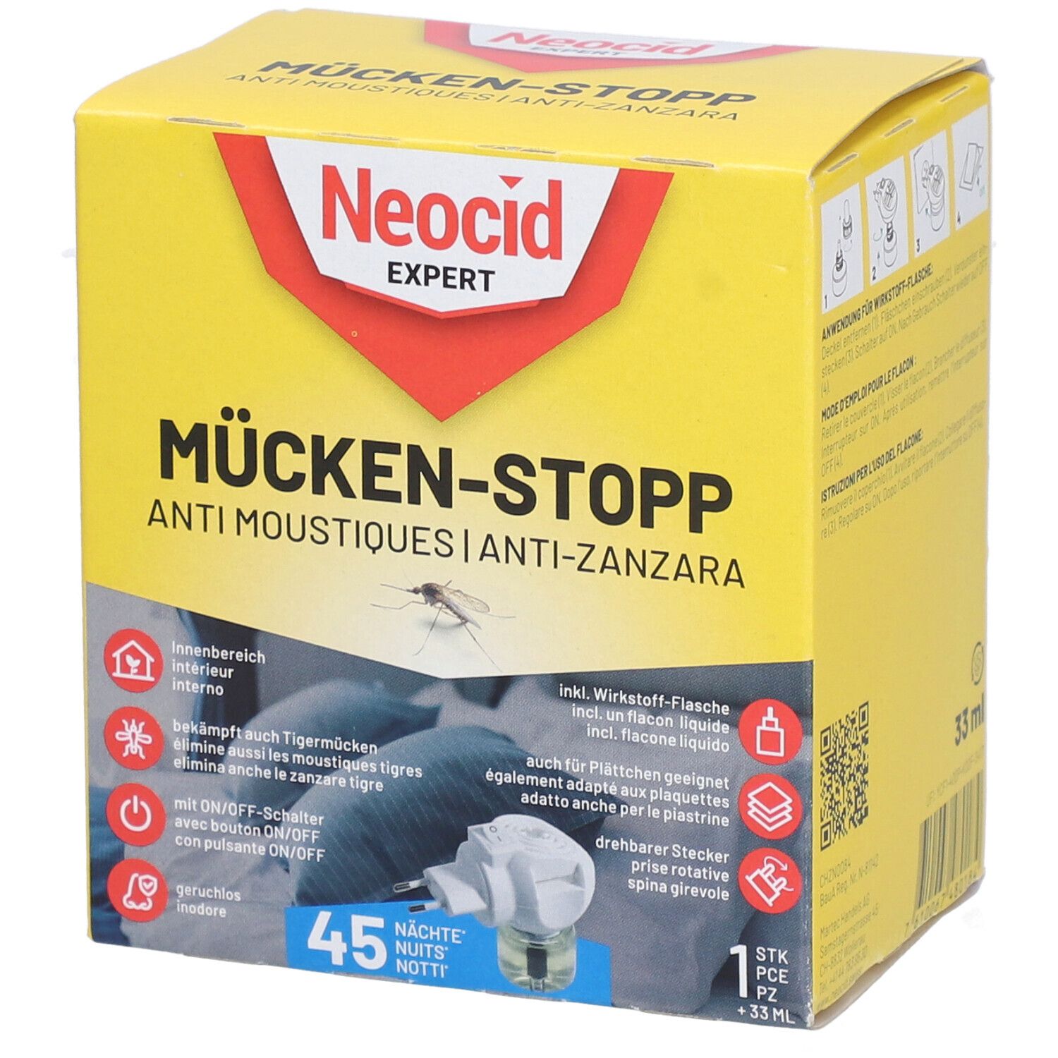 Gelbe Verpackung mit Produktnamen und Logo. Enthält eine Flasche und einen Stecker. Text: Mücken-Stopp, Anti-Zanzara.