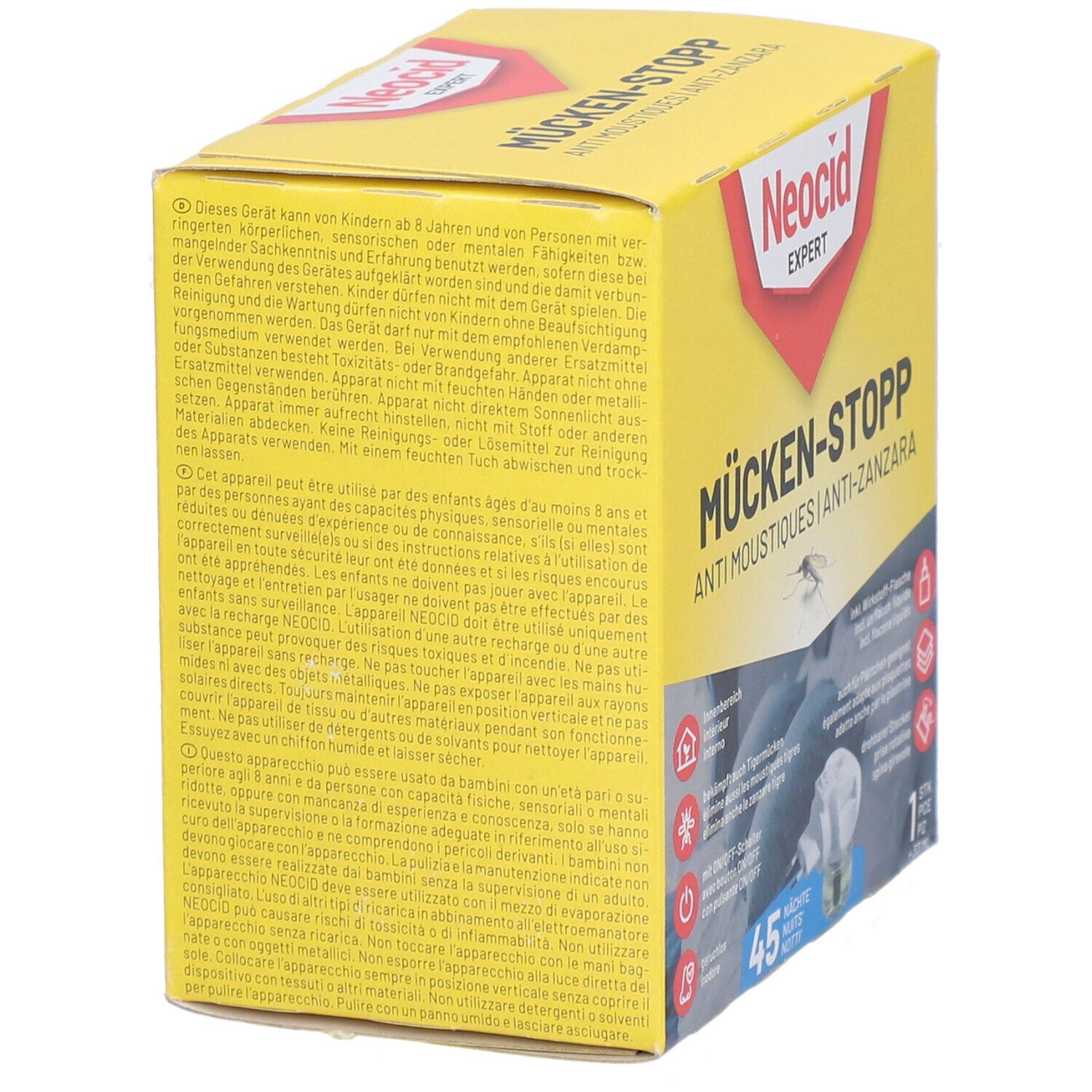 Gelbe Verpackung mit Text. Enthält Warnhinweise und Sicherheitshinweise. Text: Mücken-Stopp, Anti-Zanzara.
