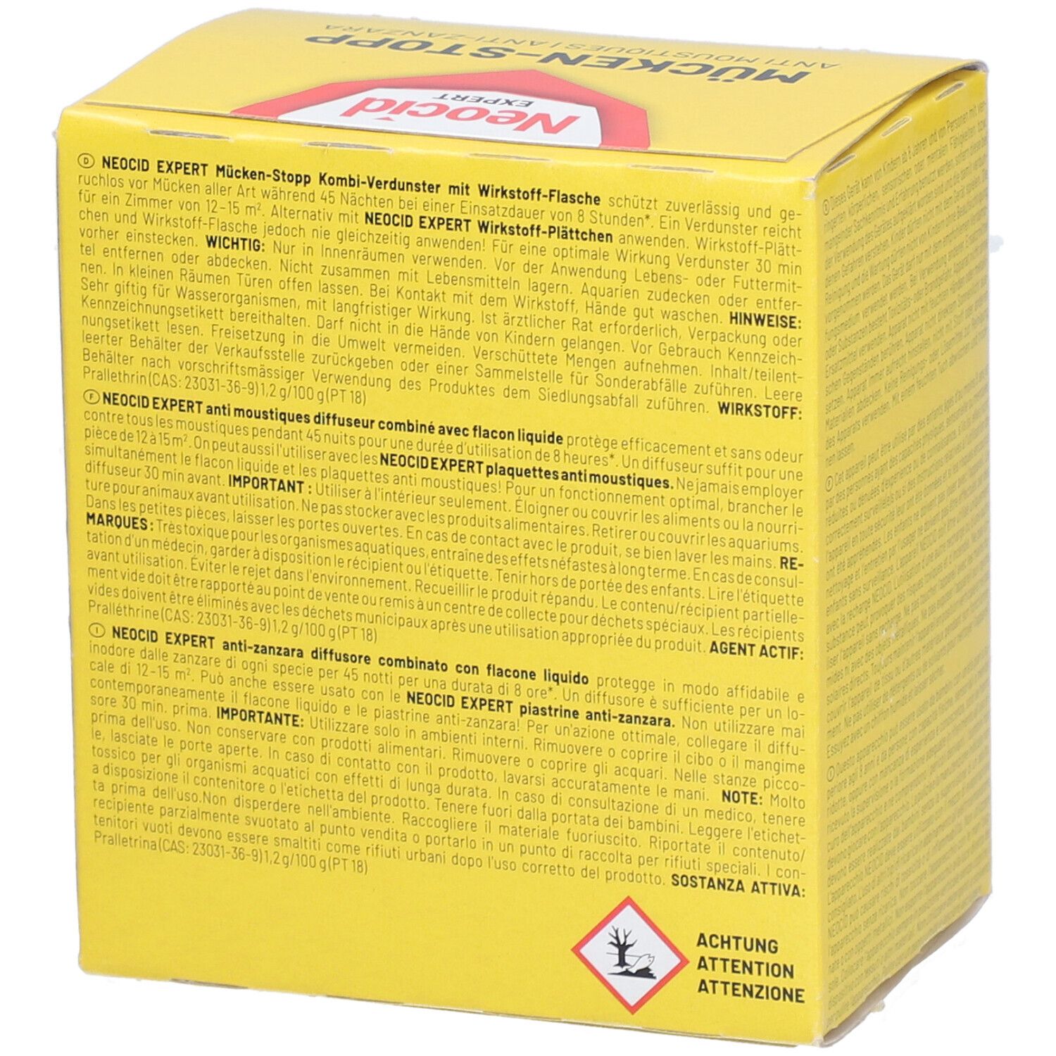 Gelbe Verpackung mit Text. Enthält Informationen zur Anwendung und Inhaltsstoffe. Text: Mücken-Stopp, Anti-Zanzara.