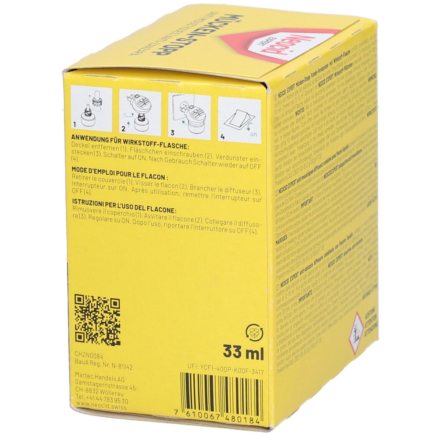 Gelbe Verpackung mit Anwendungsanleitung. Enthält QR-Code und Produktinformationen. Text: Mücken-Stopp, Anti-Zanzara.