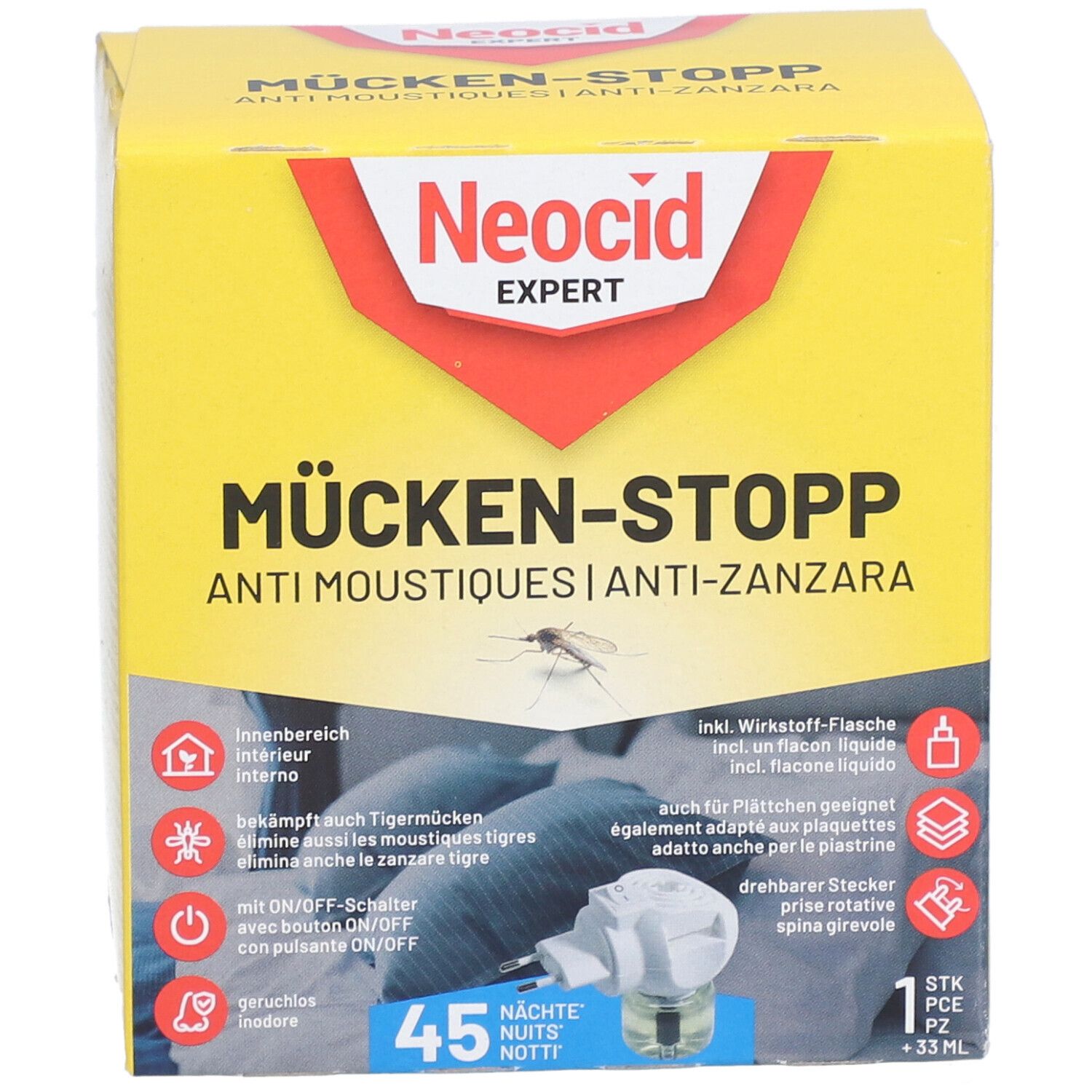 Gelbe Verpackung mit Produktnamen und Logo. Enthält eine Flasche und einen Stecker. Text: Mücken-Stopp, Anti-Zanzara.