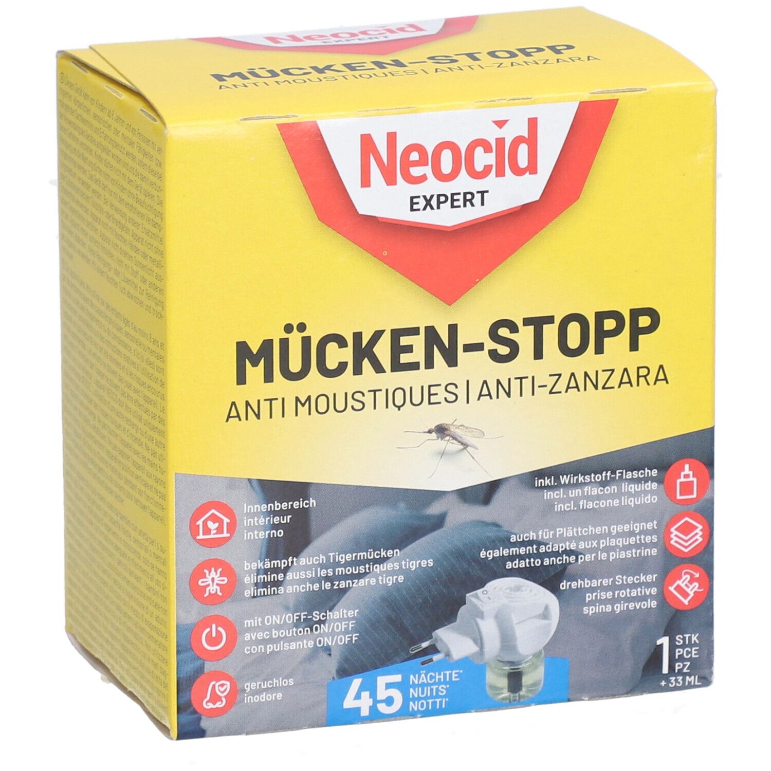 Gelbe Verpackung mit Produktnamen und Logo. Enthält eine Flasche und einen Stecker. Text: Mücken-Stopp, Anti-Zanzara.