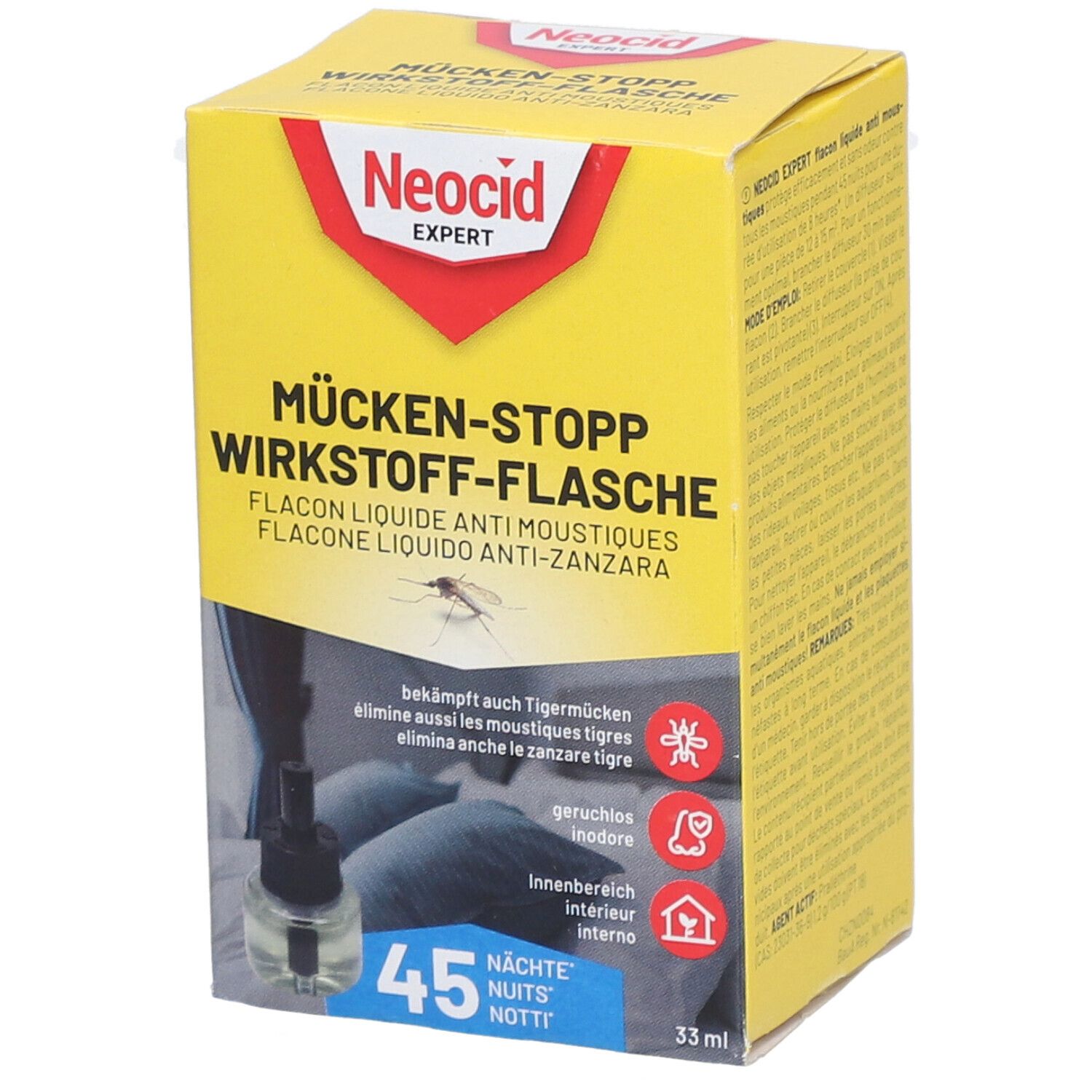 Gelbe Schachtel mit Produkt. Aufschrift: Neocid Expert, Mücken-Stopp, Wirkstoff-Flasche. Enthält 45 Nächte. 33 ml.