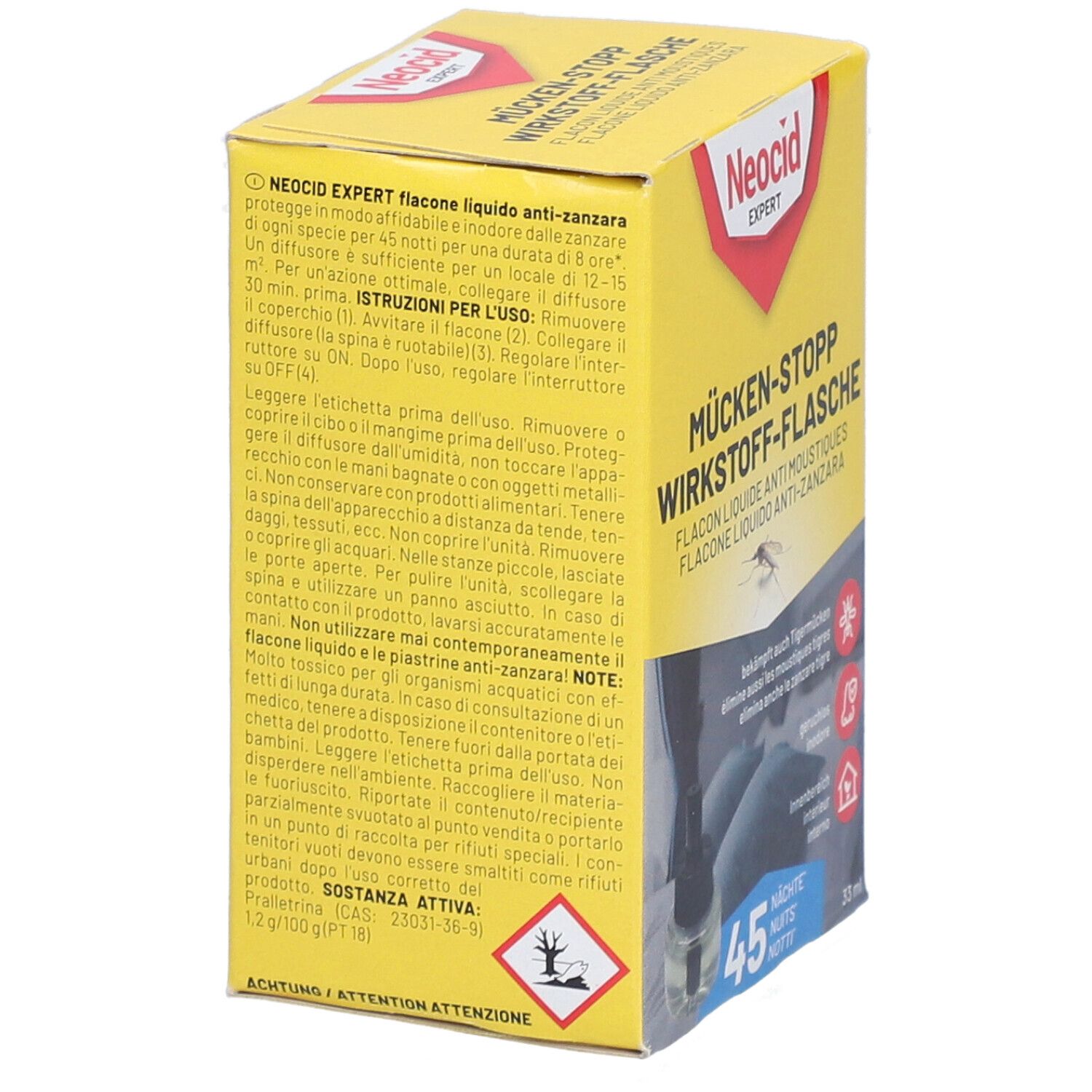 Gelbe Schachtel mit Produkt. Text in italienischer Sprache. Enthält Informationen zur Anwendung und Inhaltsstoffe.