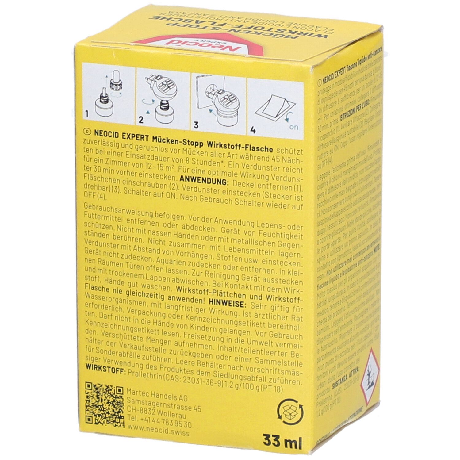 Gelbe Schachtel mit Produkt. Rückseite mit Anwendungsanleitung in deutscher Sprache. 33 ml.
