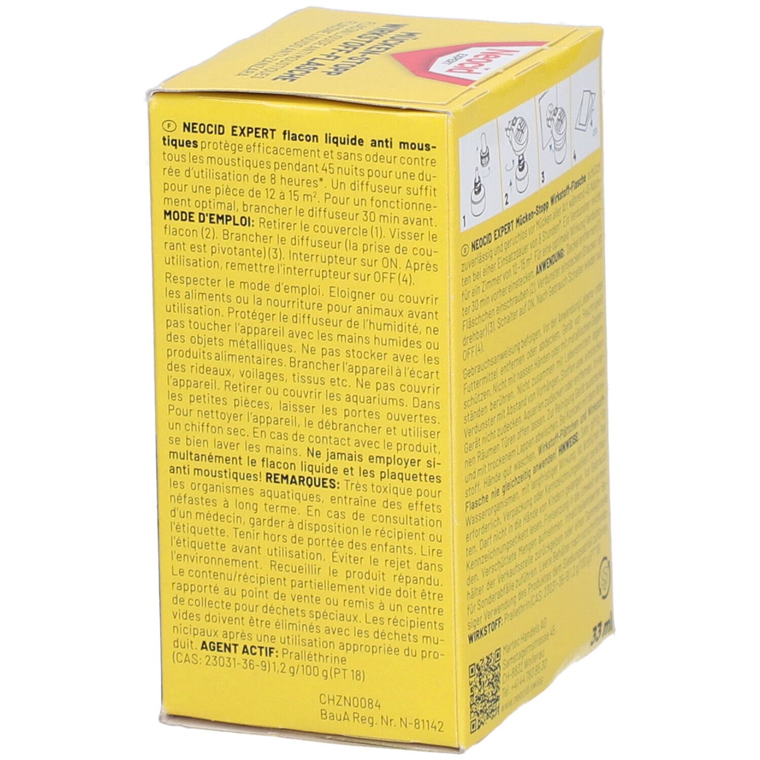 Gelbe Schachtel mit Produkt. Text in französischer Sprache. Enthält Informationen zur Anwendung.