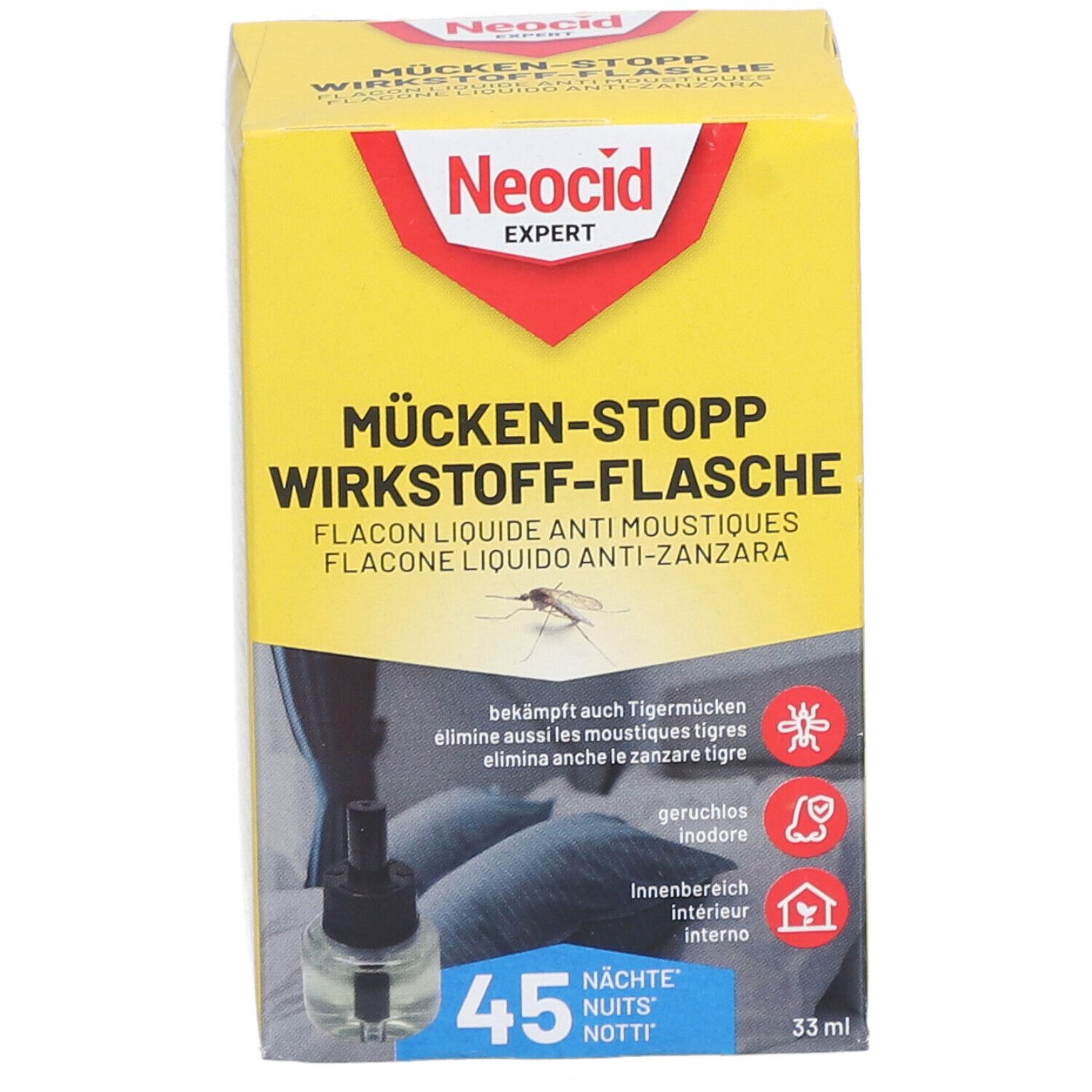 Gelbe Schachtel mit Produkt. Aufschrift: Neocid Expert, Mücken-Stopp, Wirkstoff-Flasche. Enthält 45 Nächte. 33 ml.