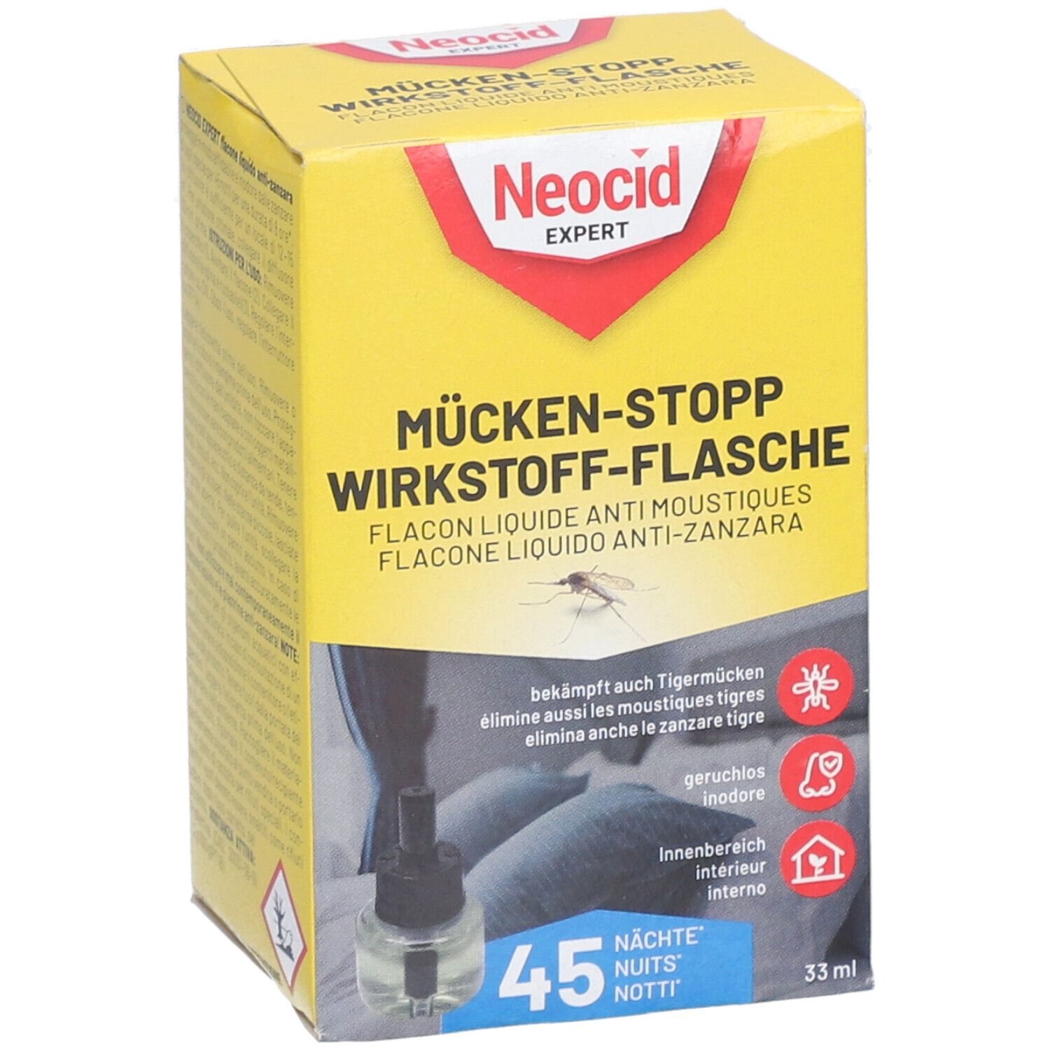 Gelbe Schachtel mit Produkt. Aufschrift: Neocid Expert, Mücken-Stopp, Wirkstoff-Flasche. Enthält 45 Nächte. 33 ml.