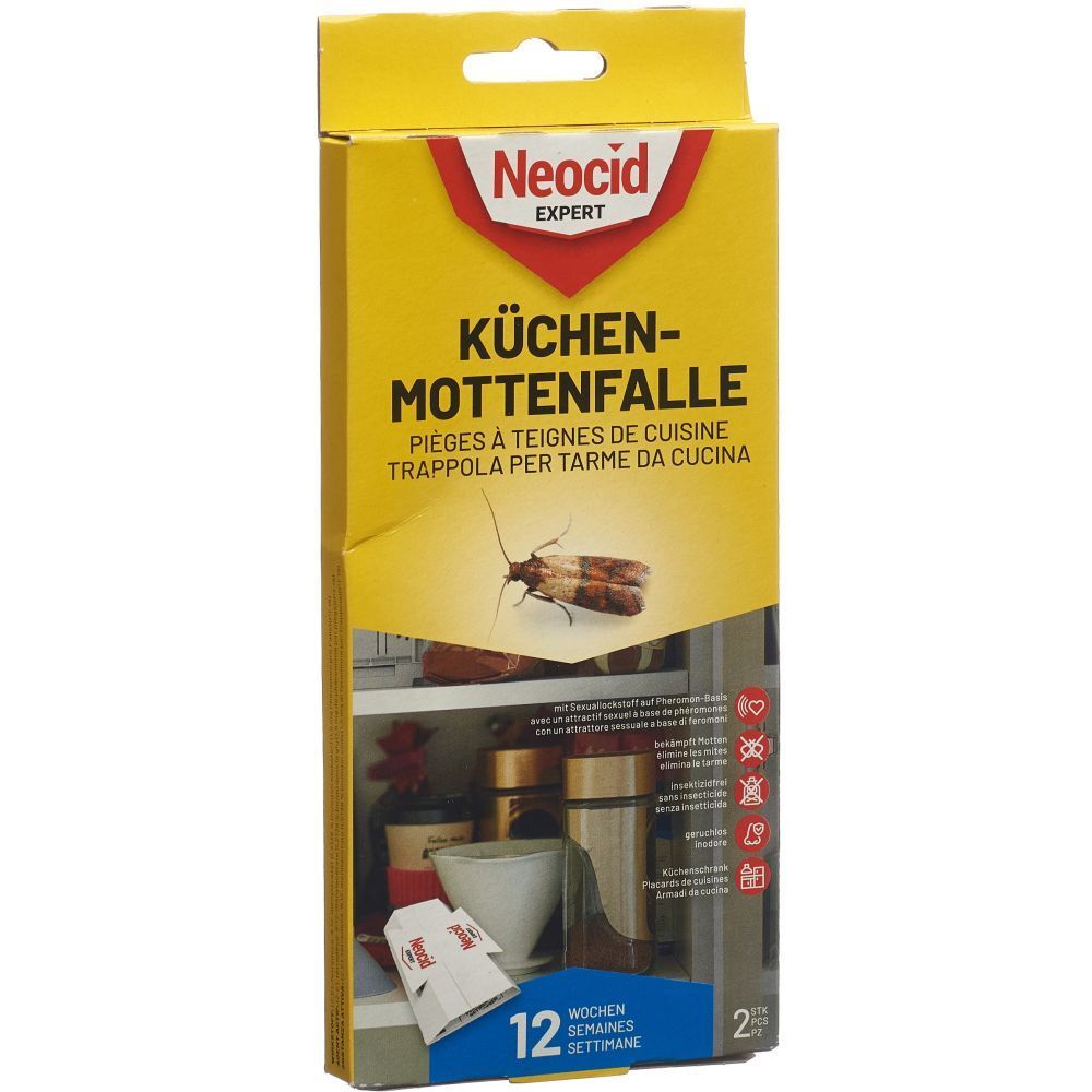 Gelbe Verpackung mit "Neocid EXPERT KÜCHEN-MOTTENFALLE". Abbildung einer Motte. 12 Fallen, 2 Wochen.