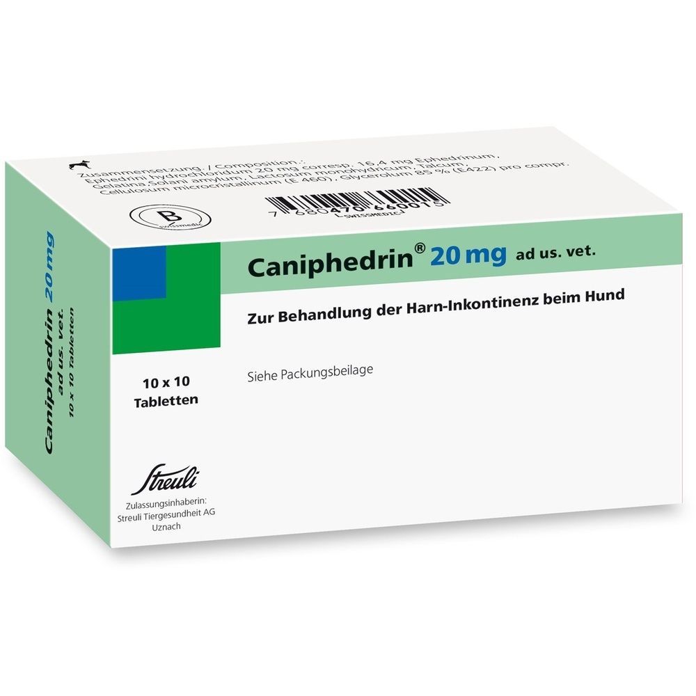 Karton mit CANIPHEDRIN 20 mg Tabletten. Aufschrift: Zur Behandlung der Harn-Inkontinenz beim Hund. 10 x 10 Tabletten.