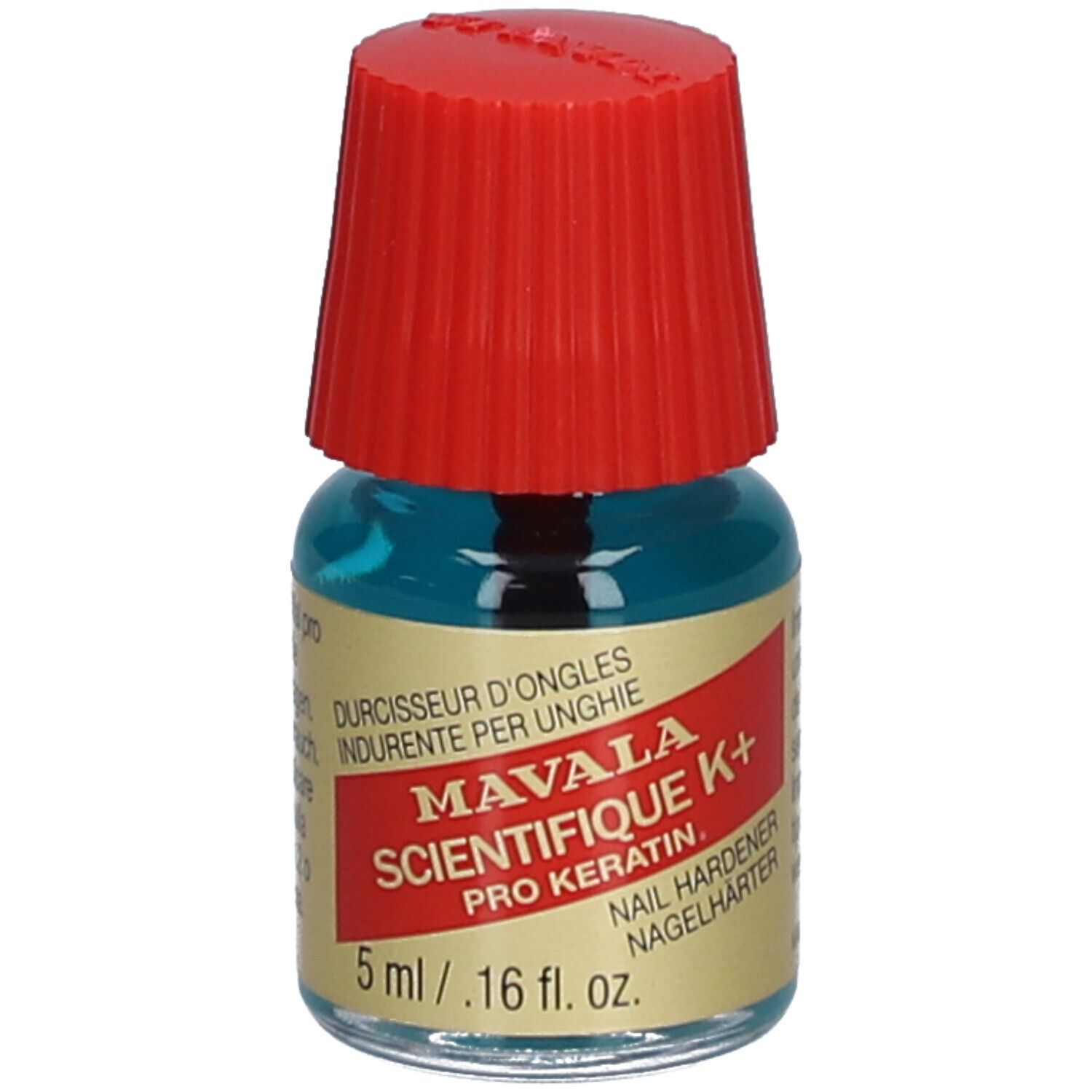 Nagelhärter-Fläschchen mit rotem Deckel. Aufschrift: Mavala Scientifique K+ Pro Keratin. 5 ml.