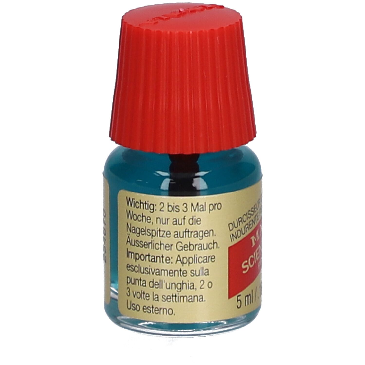 Nagelhärter-Fläschchen mit rotem Deckel. Aufschrift: Mavala Scientifique K+ Pro Keratin. 5 ml. Gebrauchshinweise.