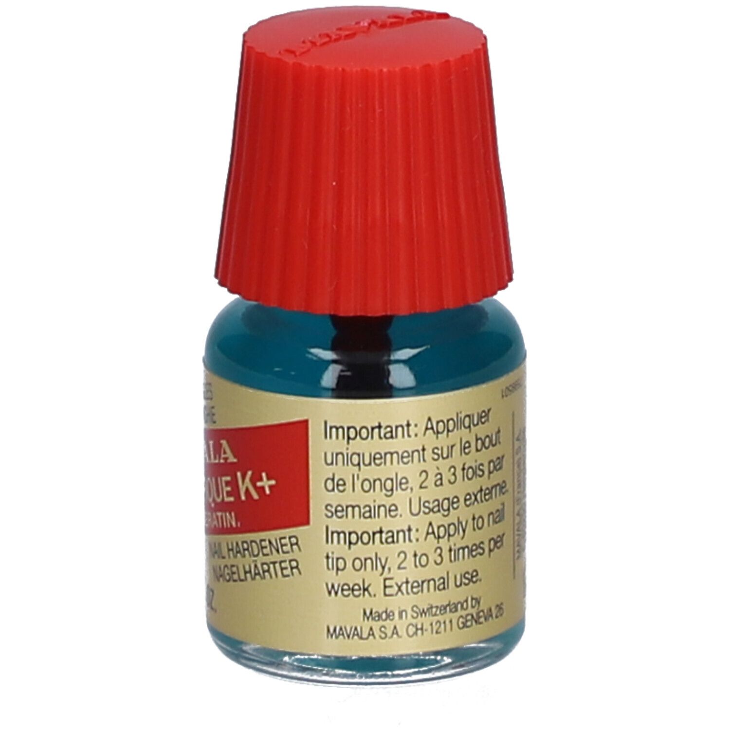 Nagelhärter-Fläschchen mit rotem Deckel. Aufschrift: Mavala Scientifique K+ Pro Keratin. 5 ml. Gebrauchshinweise.