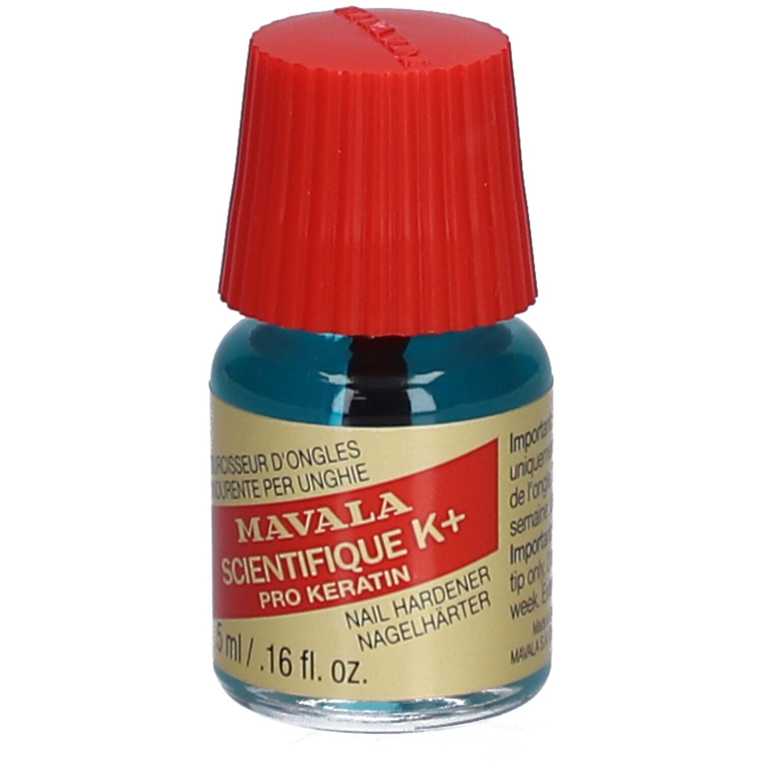 Nagelhärter-Fläschchen mit rotem Deckel. Aufschrift: Mavala Scientifique K+ Pro Keratin. 5 ml.