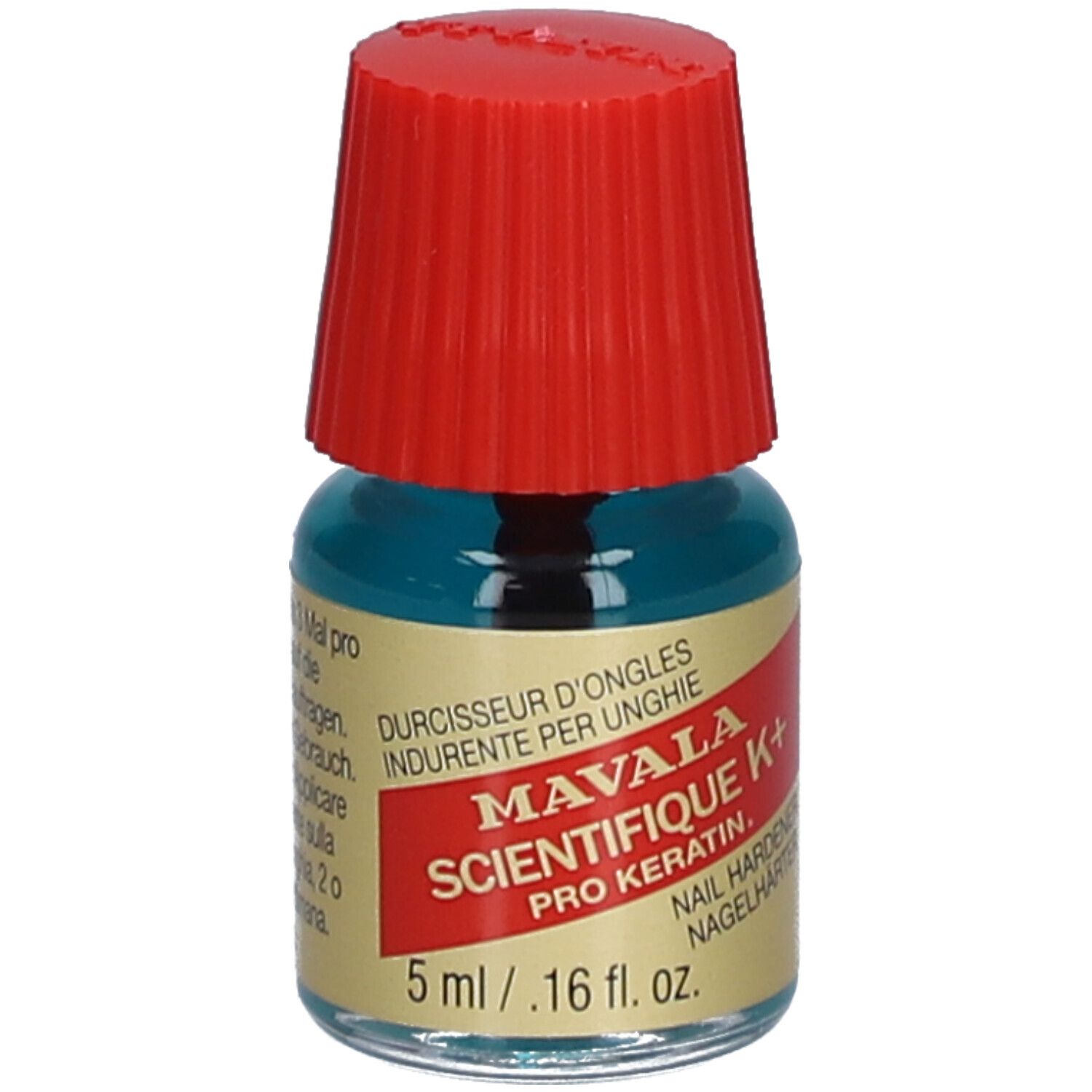 Nagelhärter-Fläschchen mit rotem Deckel. Aufschrift: Mavala Scientifique K+ Pro Keratin. 5 ml.