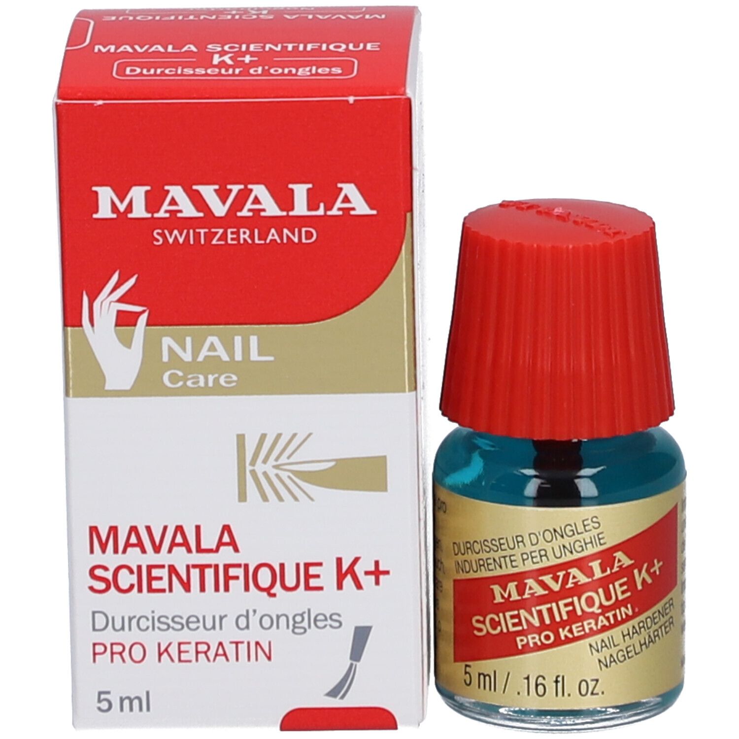 Nagelhärter-Fläschchen mit rotem Deckel und Verpackung. Aufschrift: Mavala Scientifique K+ Pro Keratin. 5 ml.