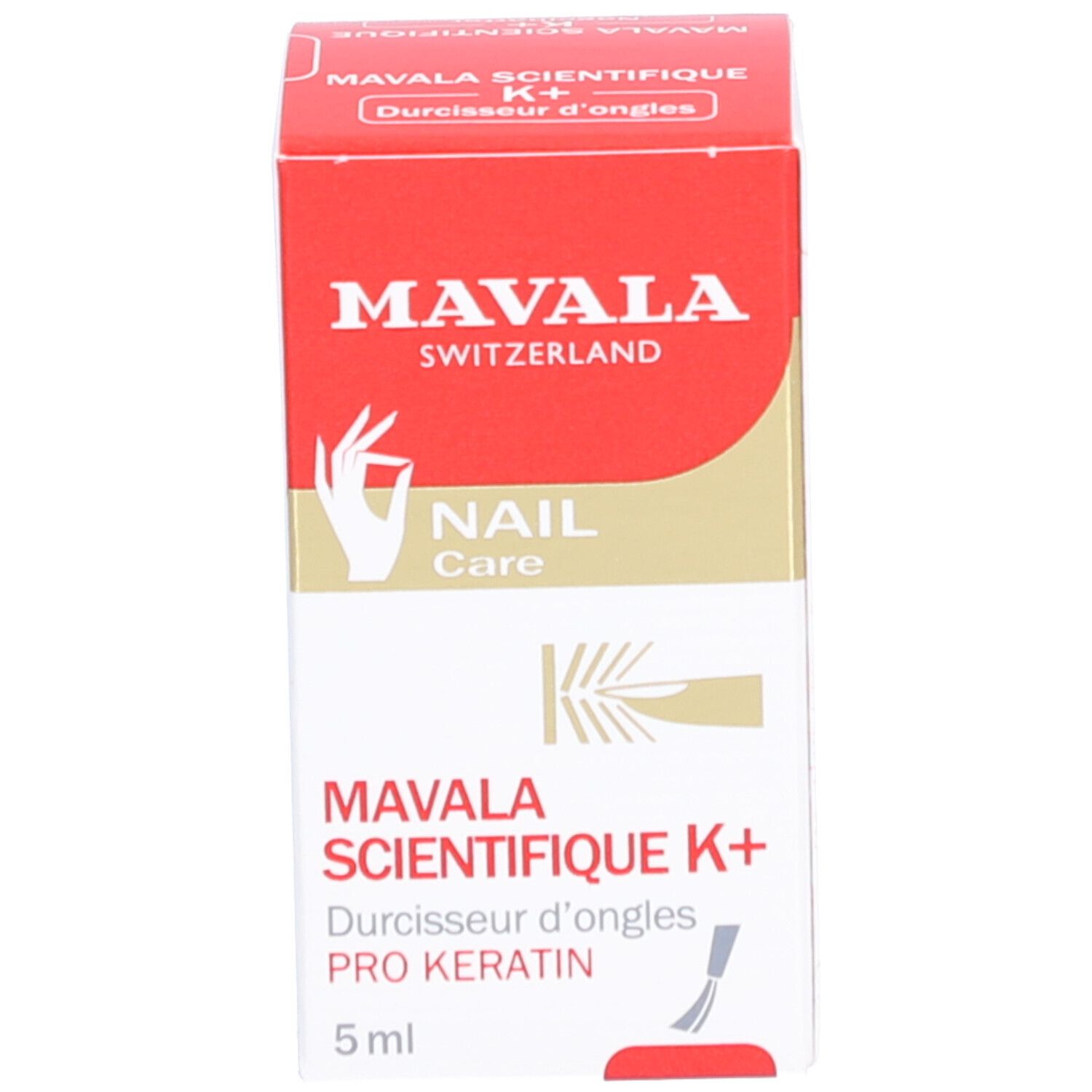 Verpackung von Nagelhärter. Aufschrift: Mavala Scientifique K+ Pro Keratin. 5 ml. Abbildung einer Hand.