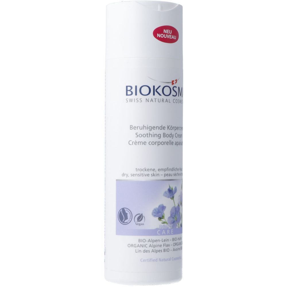 Weiße Tube mit "BIOKOSMA"-Logo und Produktbezeichnung. "Beruhigende Körpercreme" und "Neu"-Label.