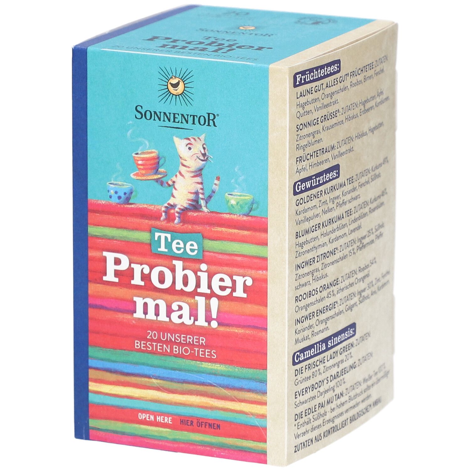 Sonnentor Tee Probier mal! Bio-Tees. Verpackung mit Katze und Tassen. 20 Bio-Tees.