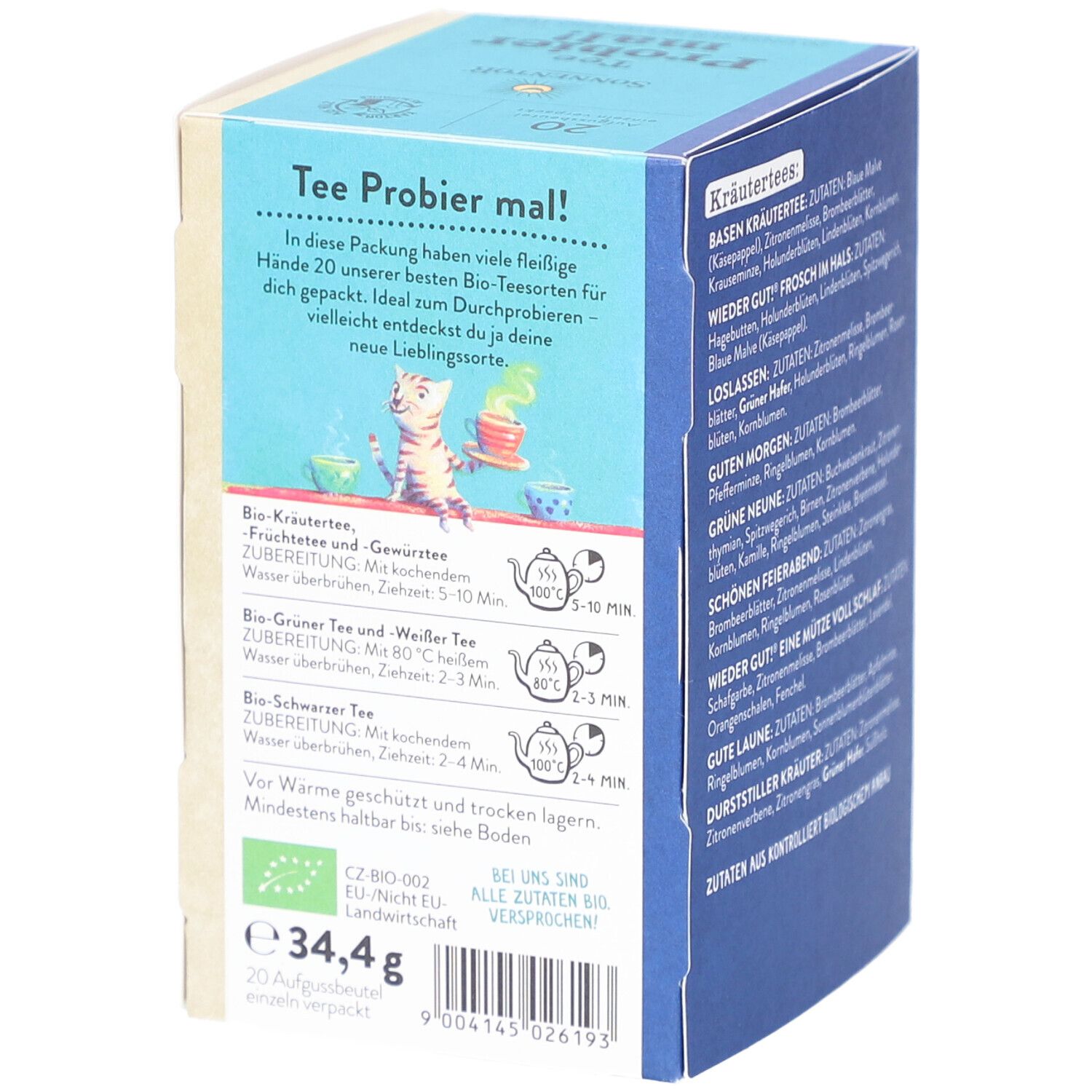 Sonnentor Tee Probier mal! Bio-Tees. Verpackung mit Informationen zu Zubereitung und Inhaltsstoffen.