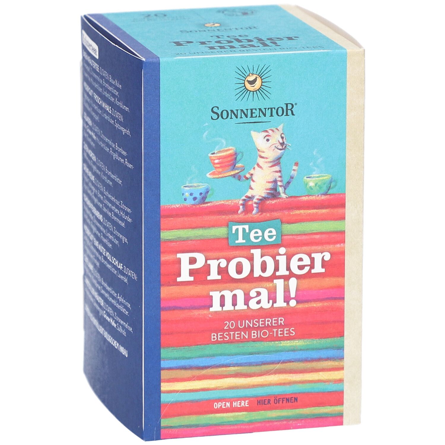 Sonnentor Tee Probier mal! Bio-Tees. Vorderseite mit Katze und Tassen. 20 Bio-Tees.