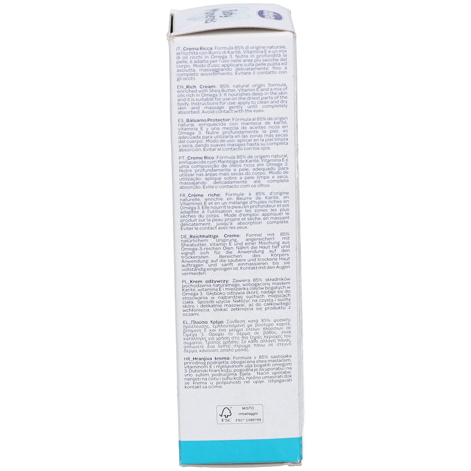 Rückseite der Produktverpackung. Text in mehreren Sprachen. Enthält Informationen zur Anwendung und Inhaltsstoffe.