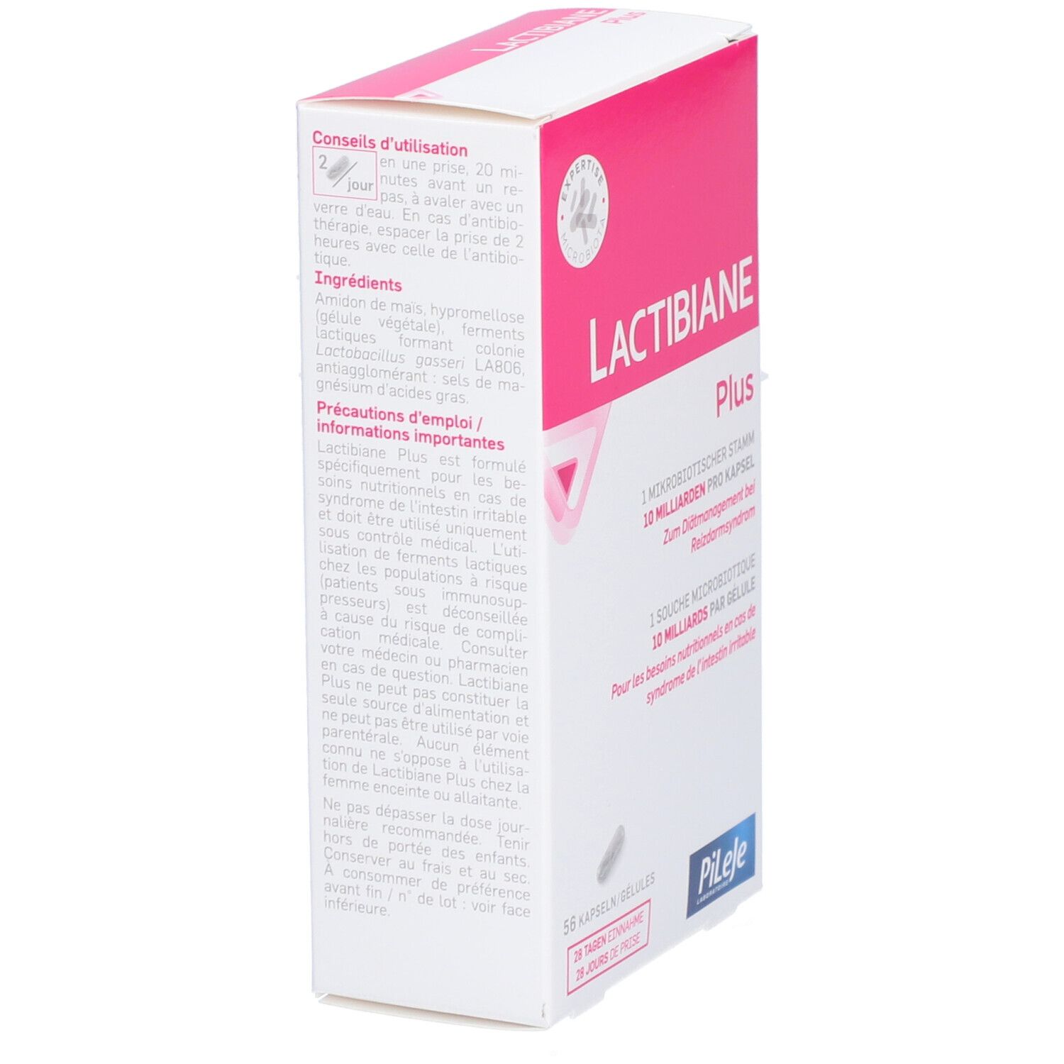 Schachtel LACTIBIANE Plus, weiß-rosa. Text: Inhaltsstoffe, Anwendungshinweise. Marke: PiLeJe. Zertifizierung.