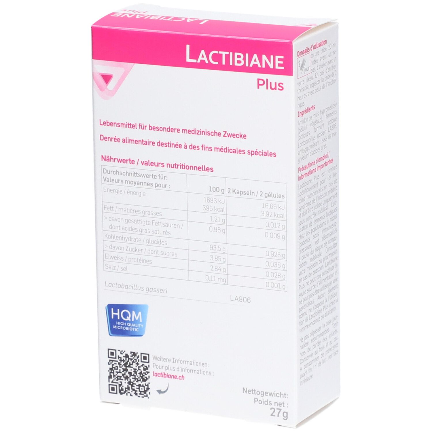 Rückseite der LACTIBIANE Plus Schachtel. Text: Nährwerte, Inhaltsstoffe. Marke: PiLeJe. Zertifizierung.