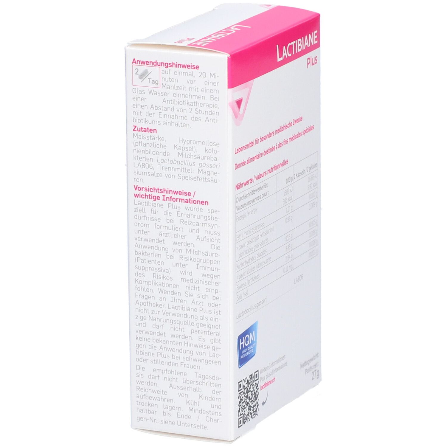 LACTIBIANE Plus Schachtel, weiß-rosa. Text: Anwendungshinweise, Vorsichtshinweise. Marke: PiLeJe. Zertifizierung.