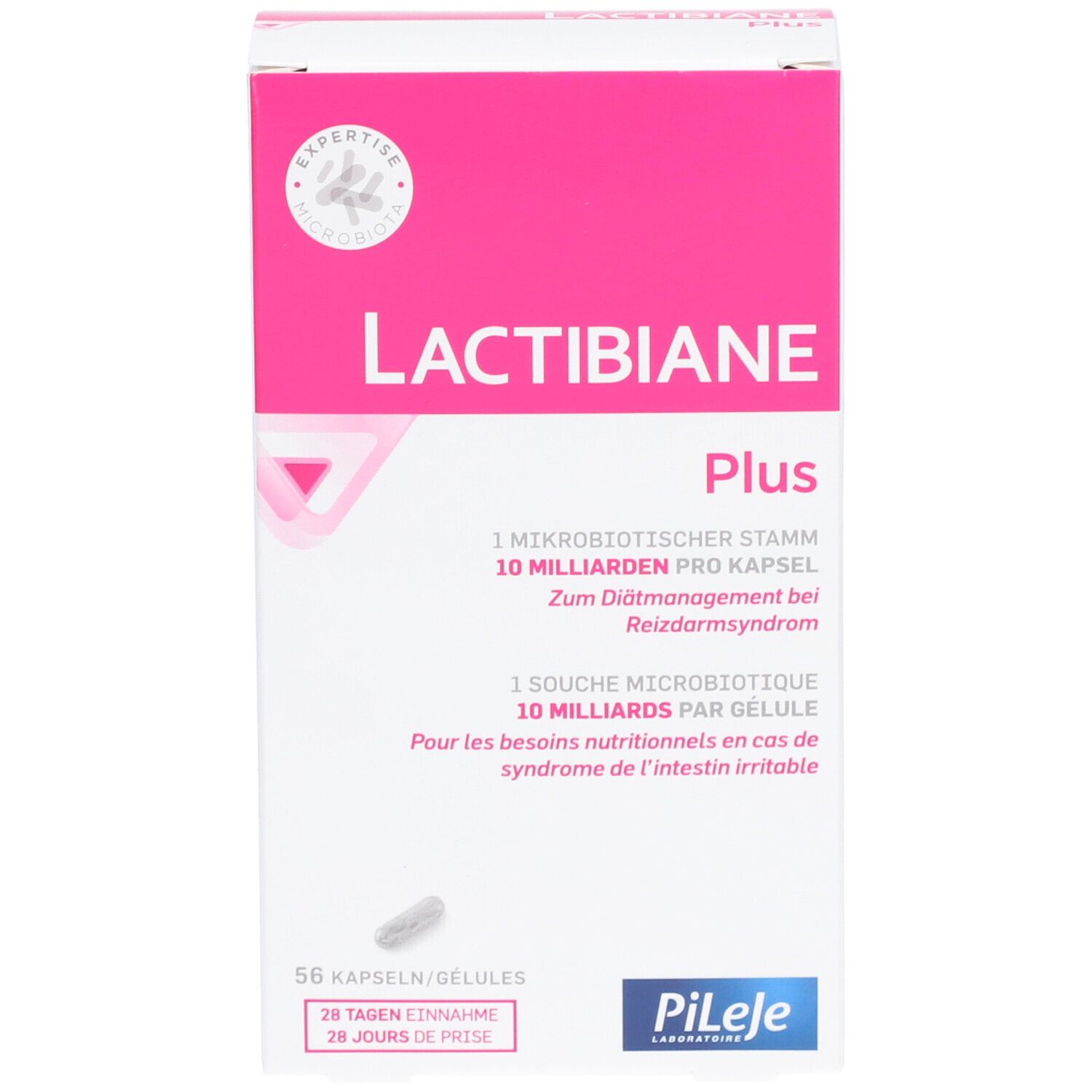 LACTIBIANE Plus Packung, weiß-rosa. 56 Kapseln. Text: 10 Milliarden pro Kapsel. Marke: PiLeJe.