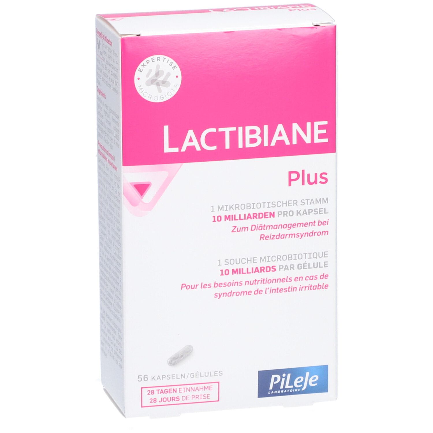 LACTIBIANE Plus Packung, weiß-rosa. 56 Kapseln. Marke: PiLeJe. Text: 10 Milliarden pro Kapsel.