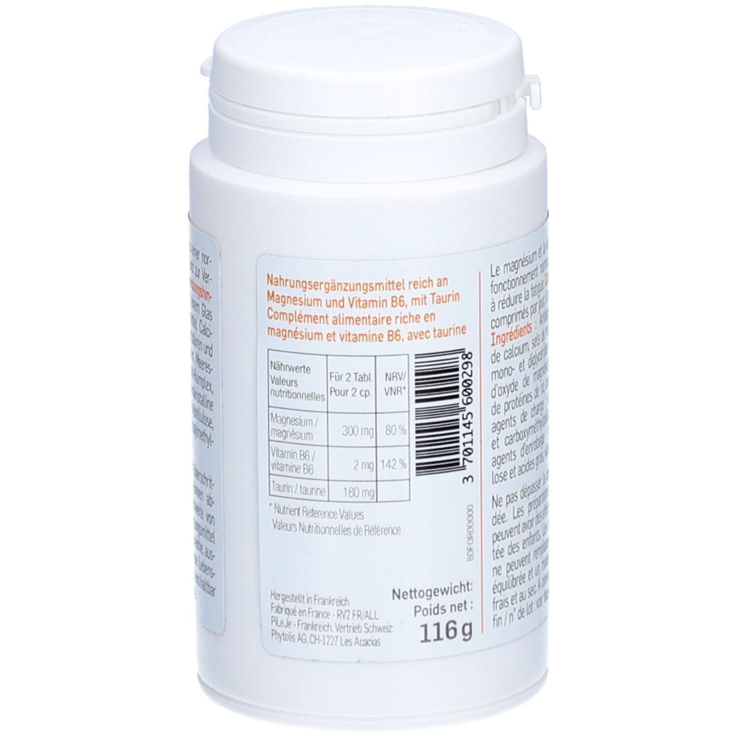 Flacon blanc avec texte. Informations nutritionnelles et ingrédients imprimés. Poids net: 116g.