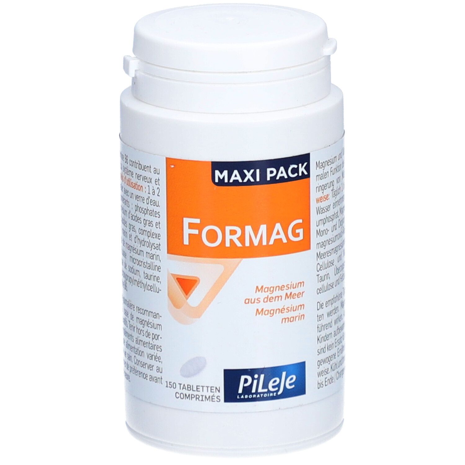 Flacon blanc avec étiquette "Formag". "Maxi Pack" et "150 comprimés" visibles. Logo "PiLeJe".