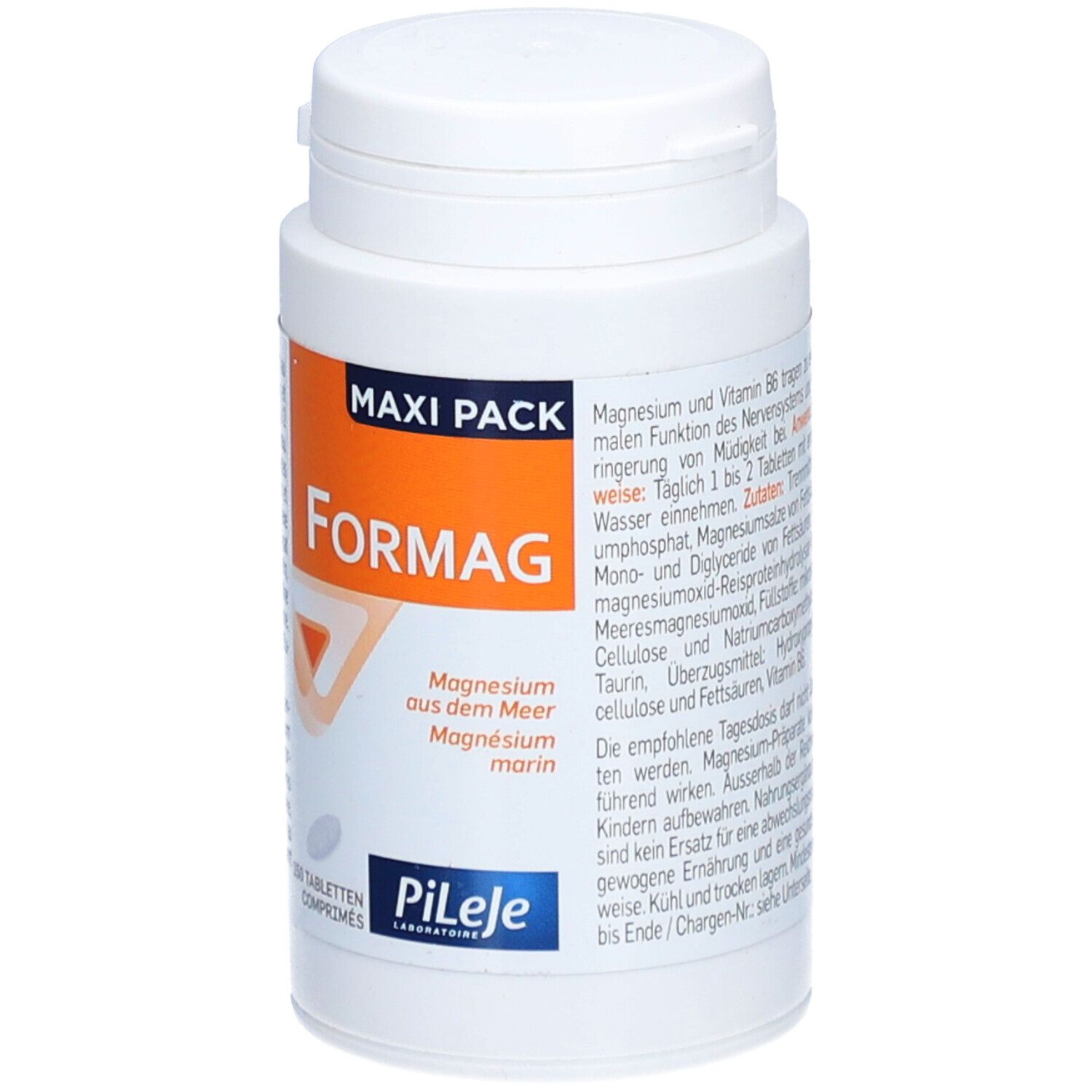 Flacon blanc avec étiquette "Formag". "Maxi Pack" et "150 comprimés" visibles. Logo "PiLeJe".