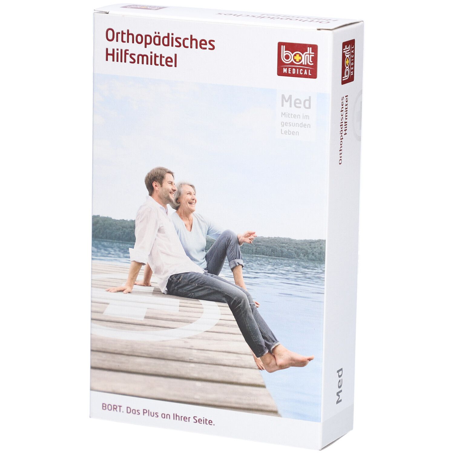 Emballage. Dispositif orthopédique. BORT MEDICAL. Med. Couple assis sur une jetée.