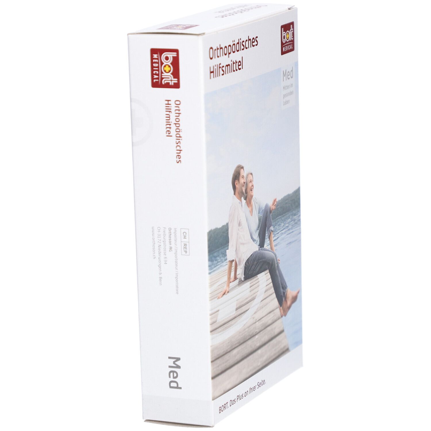 Emballage. Dispositif orthopédique. BORT MEDICAL. Med. Couple assis sur une jetée.