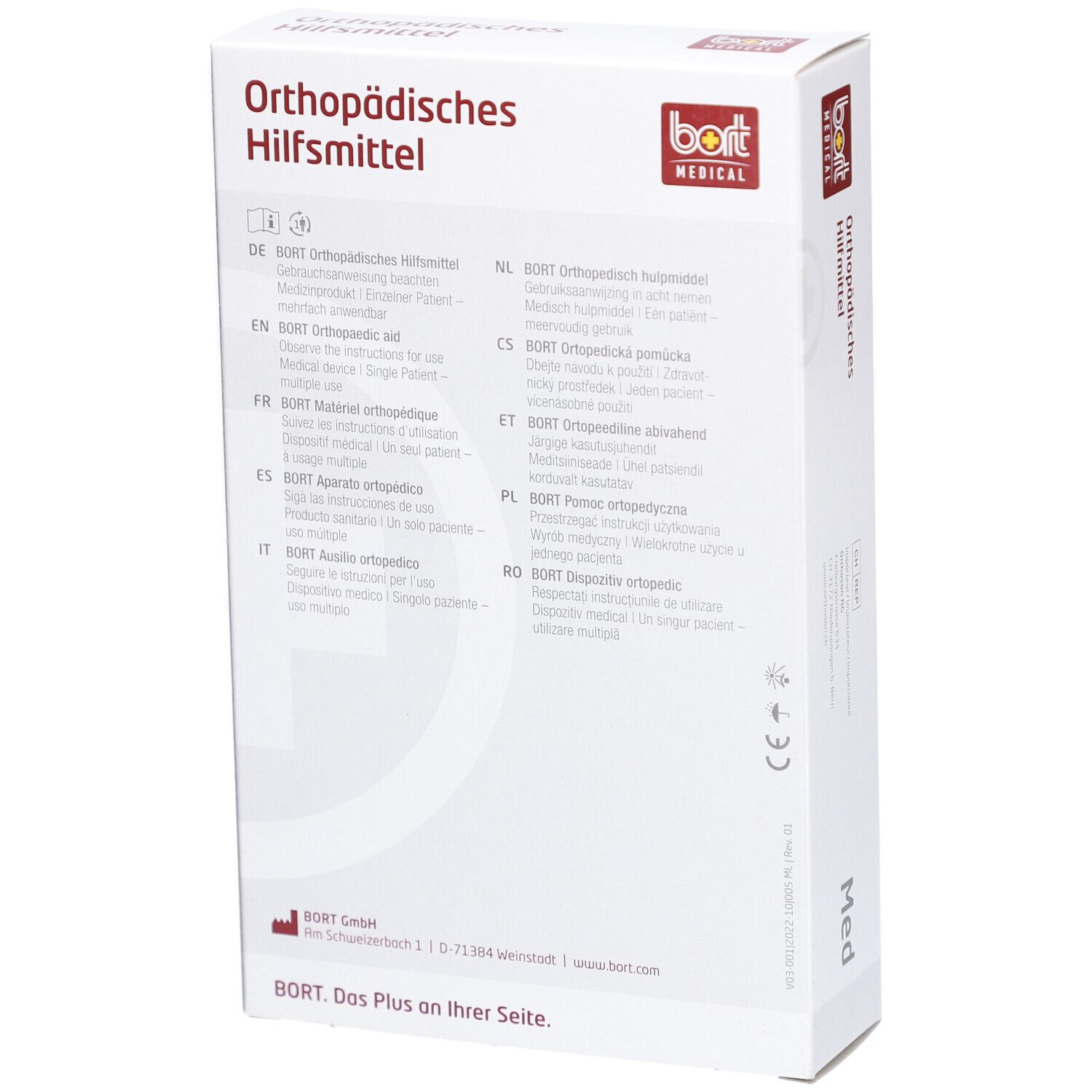 Emballage. Dispositif orthopédique. BORT MEDICAL. Texte en plusieurs langues.
