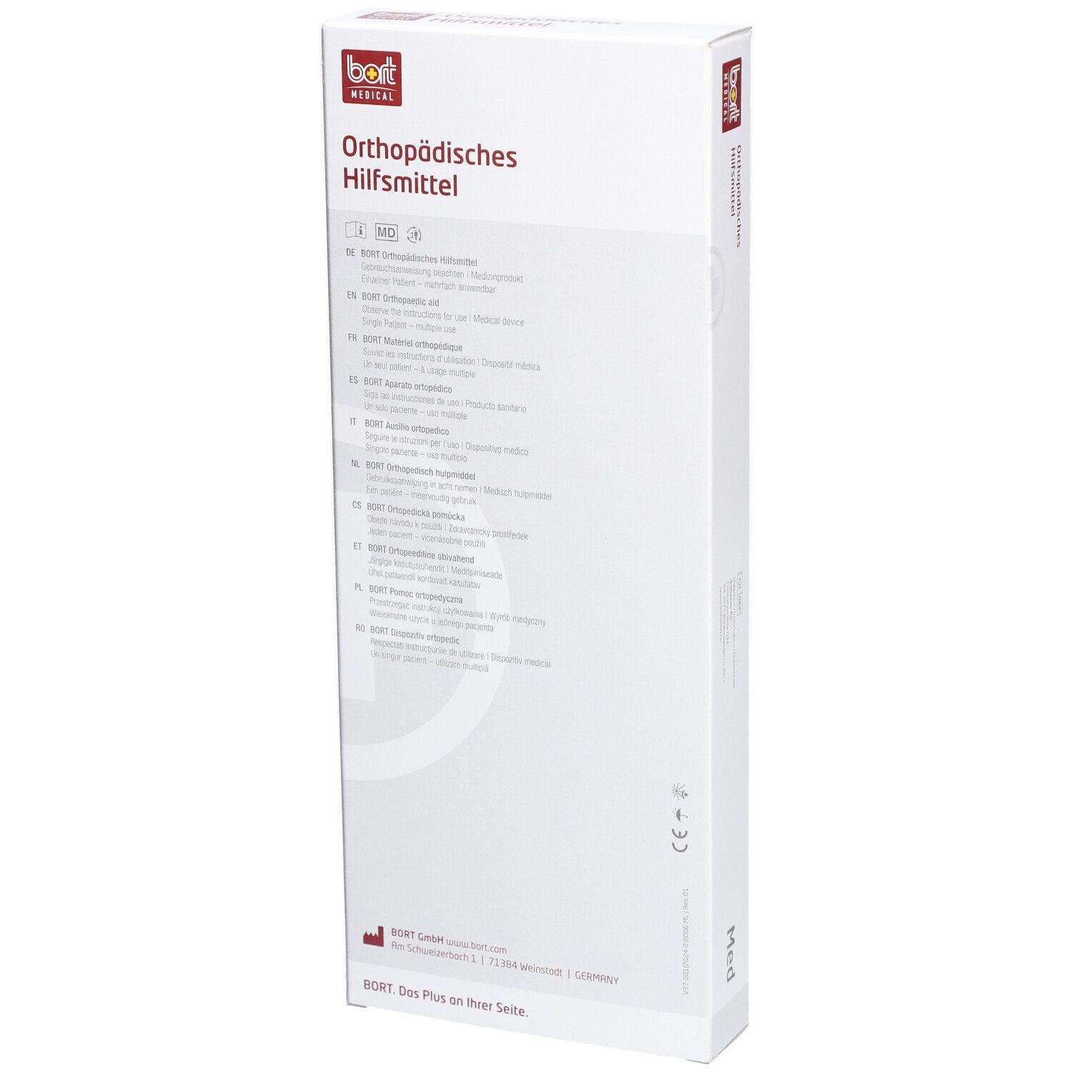 Emballage. Dispositif orthopédique. Logo BORT MEDICAL. Dos avec informations sur le produit.