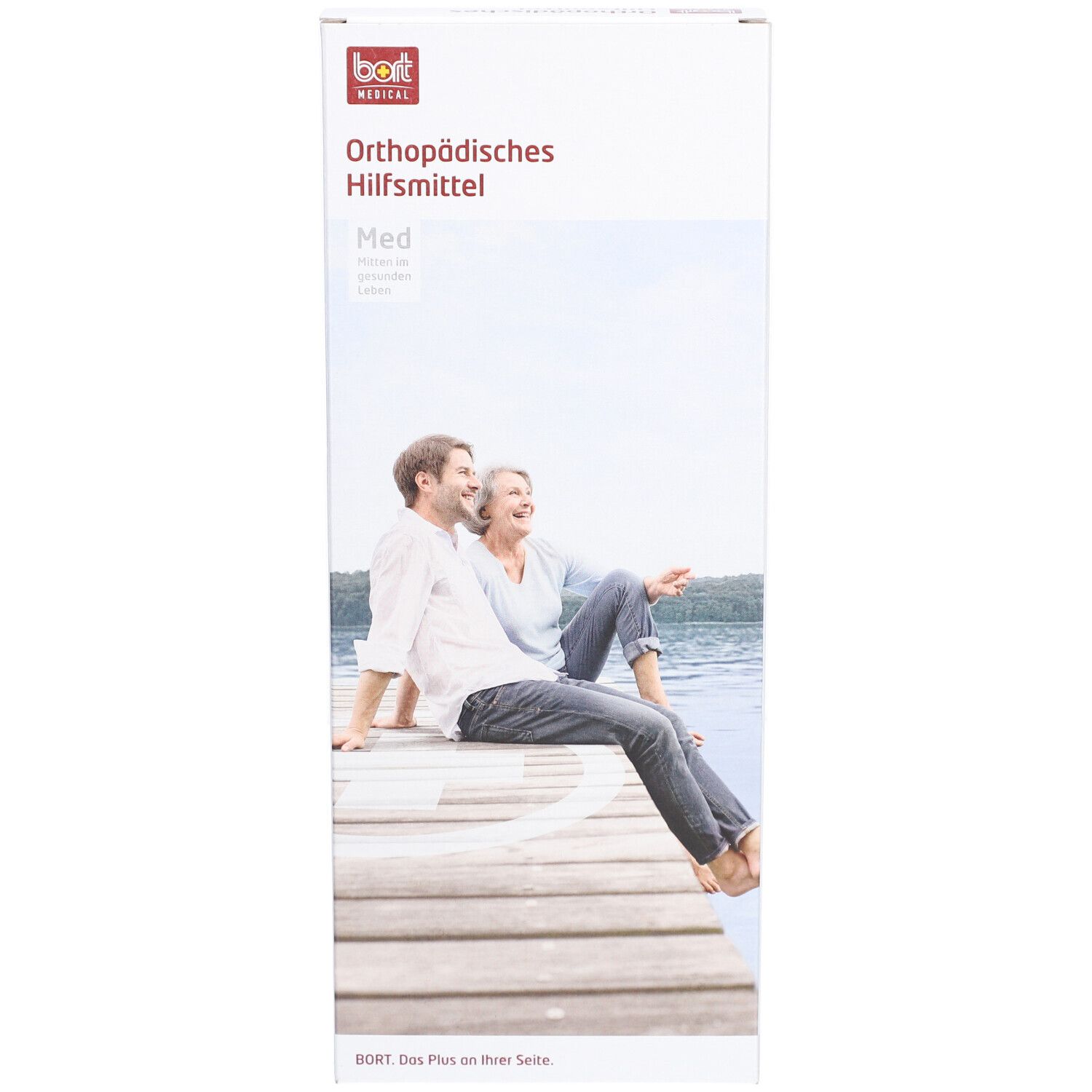 Emballage. Dispositif orthopédique. Logo BORT MEDICAL. Illustration d'un couple sur une jetée.