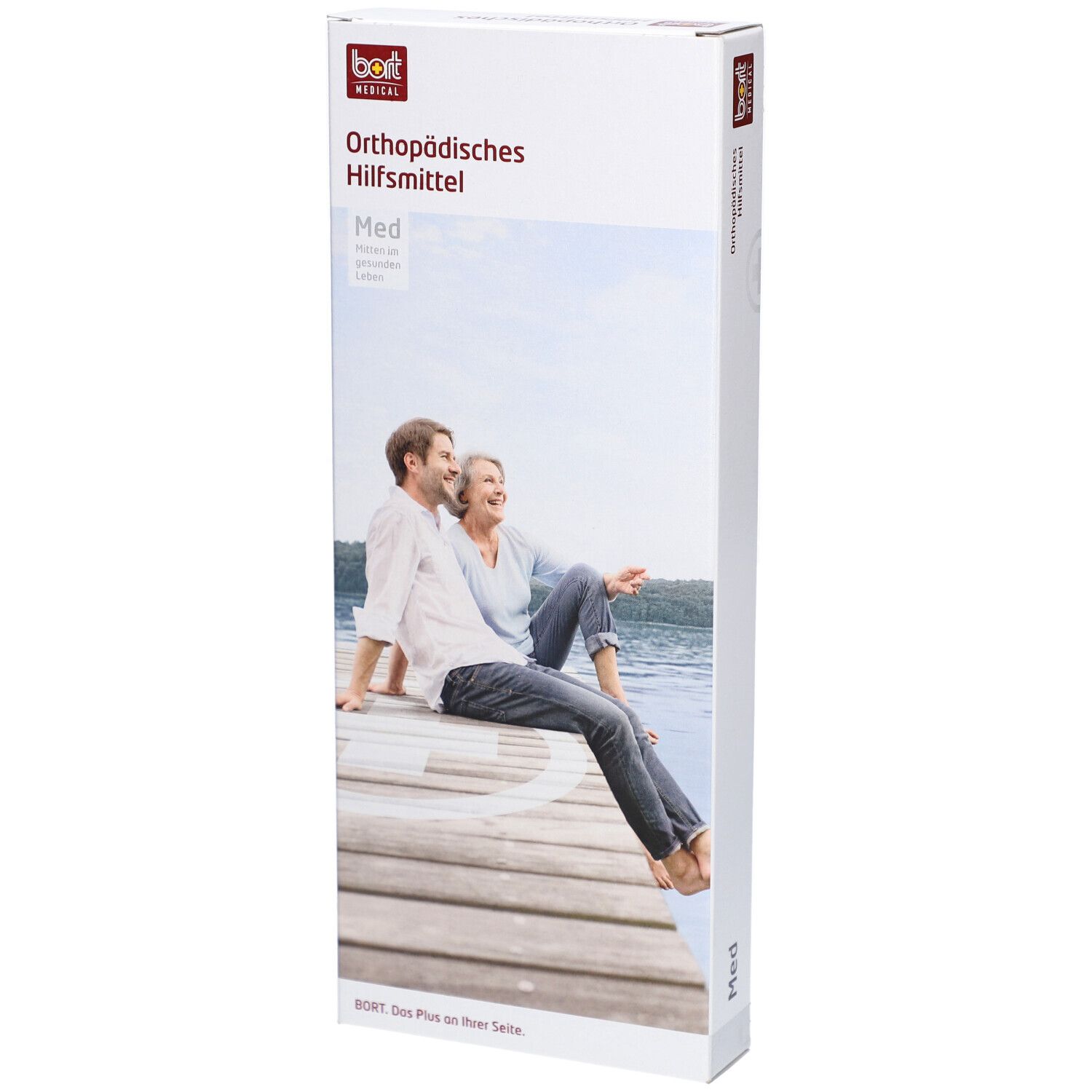 Verpackung von BORT. Orthopädisches Hilfsmittel. Aufdruck: Med. Abbildung: Paar auf Steg am See.