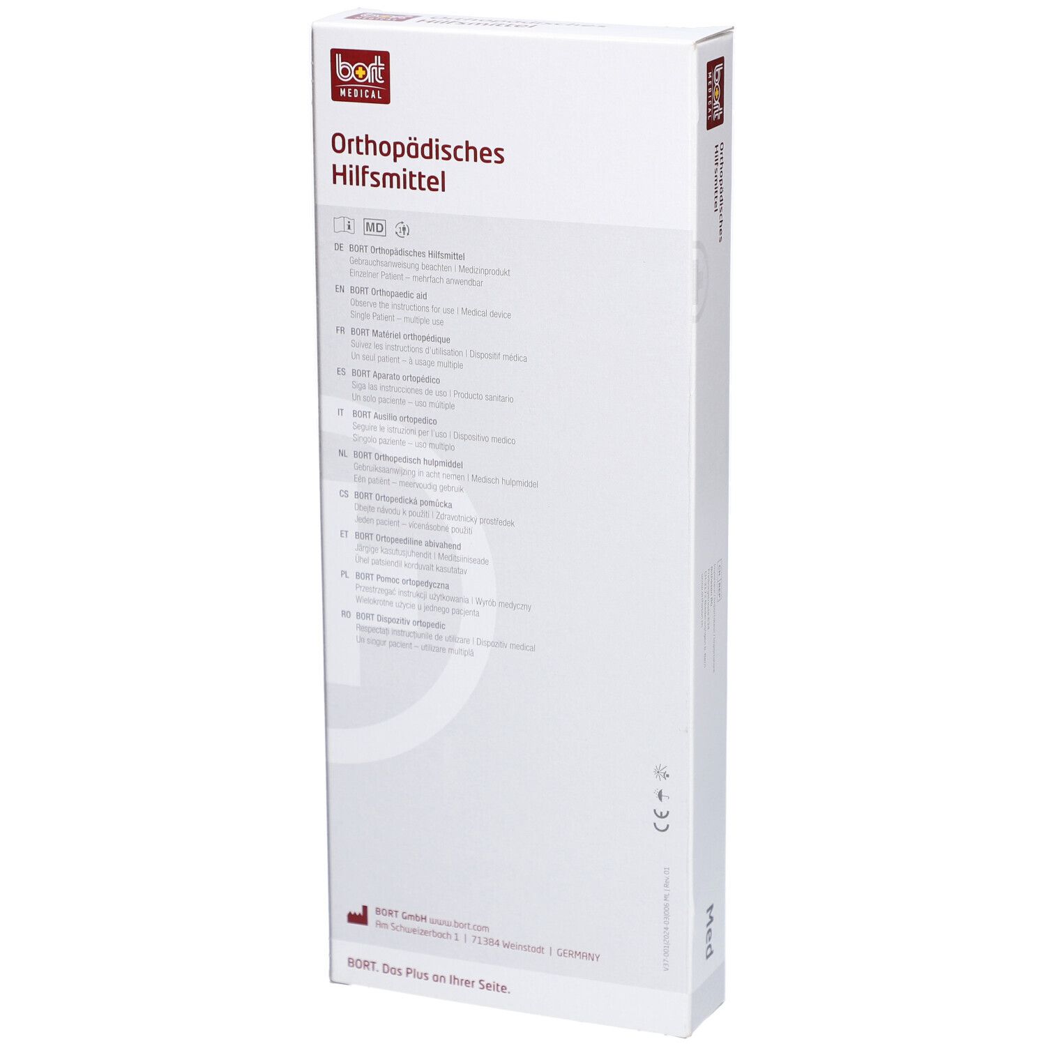 BORT-Verpackung. Orthopädisches Hilfsmittel. Aufdruck: Med. Text in mehreren Sprachen. Rückseite der Verpackung.