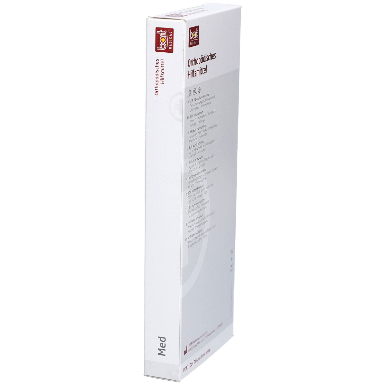 BORT-Verpackung. Orthopädisches Hilfsmittel. Aufdruck: Med. Seitenansicht der Verpackung.