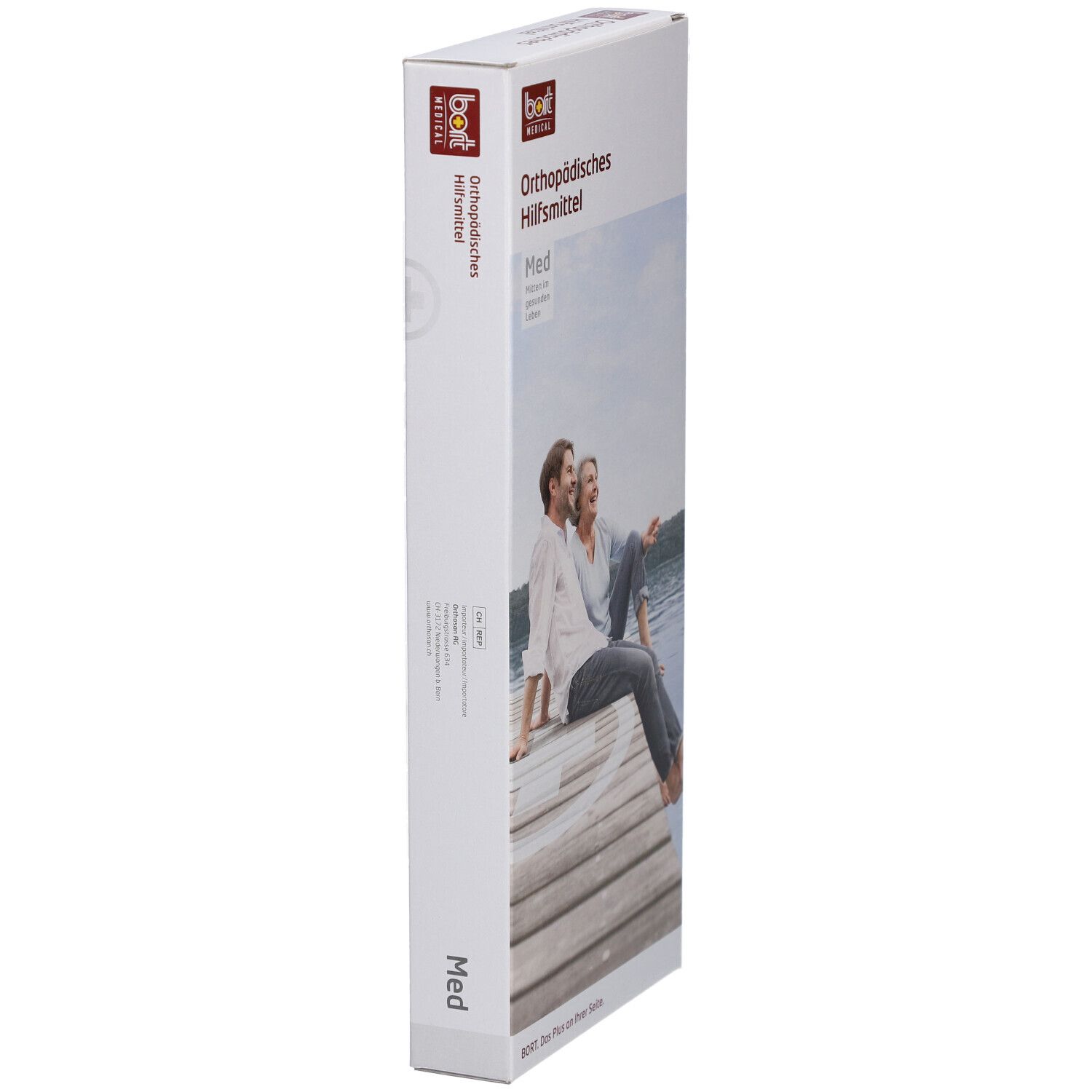 Emballage BORT. Dispositif orthopédique. Med. Vue latérale avec texte et logo.
