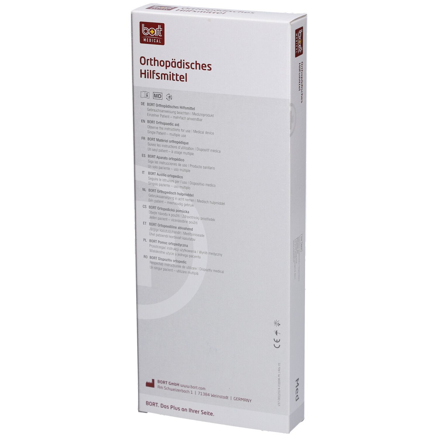 Emballage. BORT MEDICAL. Dispositif médical orthopédique. Dos avec texte et symboles.