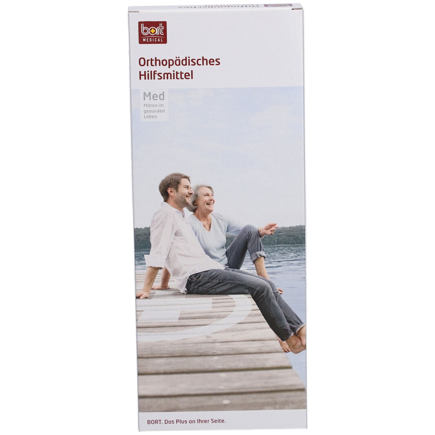 Emballage. BORT MEDICAL. Dispositif médical orthopédique. Med. Image de personnes sur une jetée.