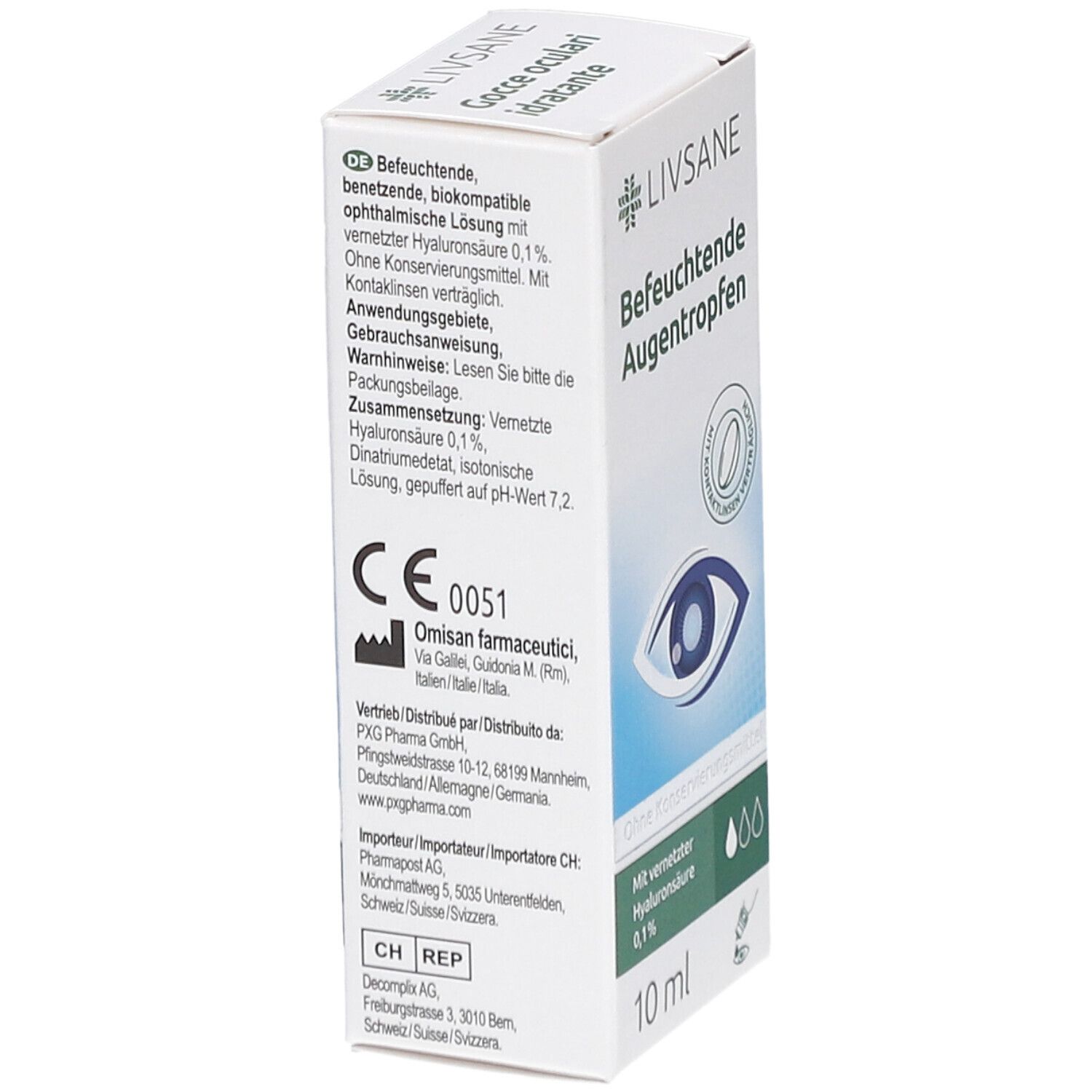 Boîte blanche, vue latérale. Texte: Befeuchtende Augentropfen. Contient acide hyaluronique réticulé 0,1%. Marquage CE. 10 ml.