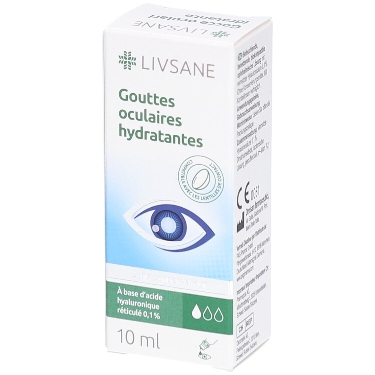 Boîte blanche avec informations produit. Inscription: Gouttes oculaires hydratantes. Contient acide hyaluronique 0,1%. 10 ml.