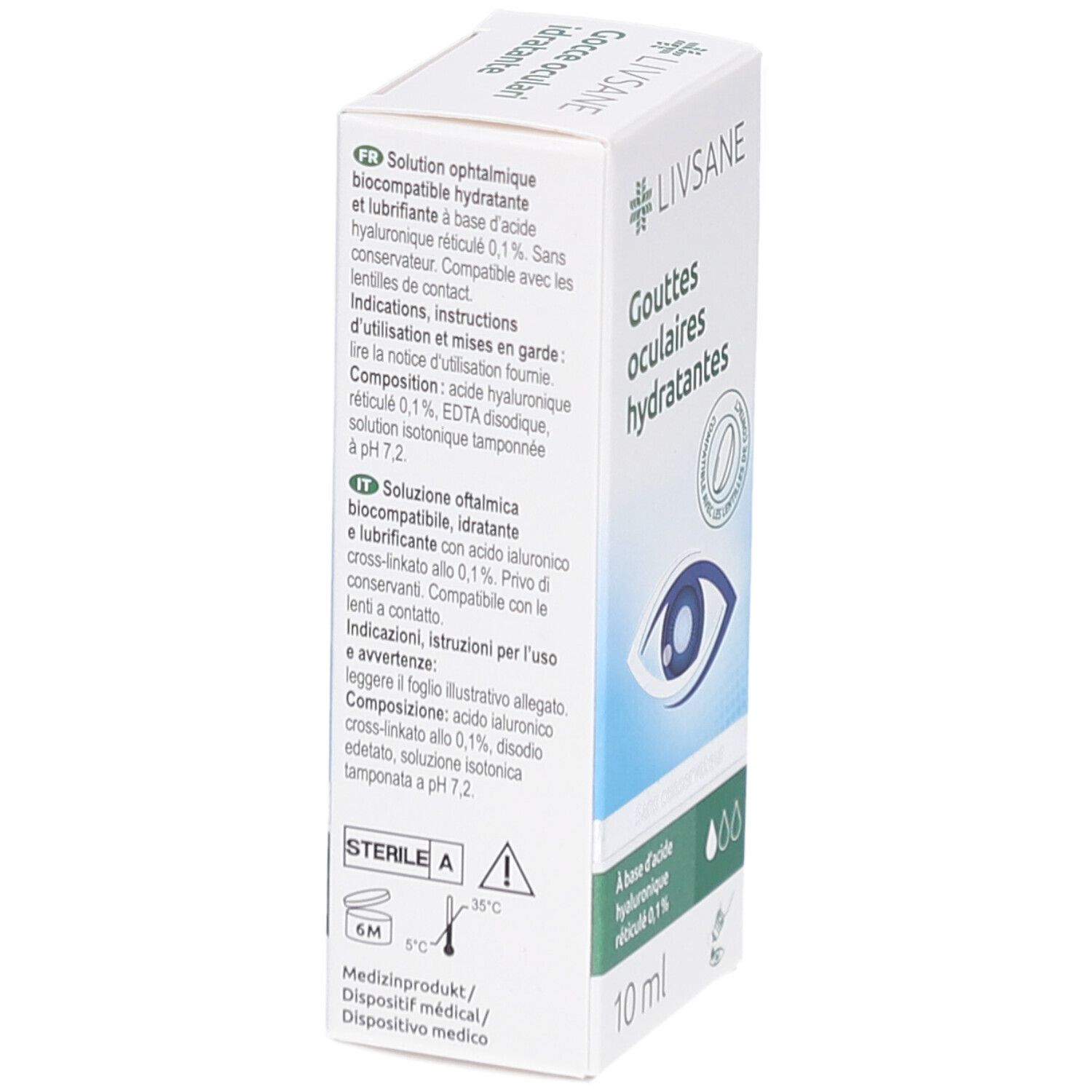 Boîte blanche, vue latérale. Texte: Gouttes oculaires hydratantes. Contient acide hyaluronique 0,1%. Stérile A. 10 ml.