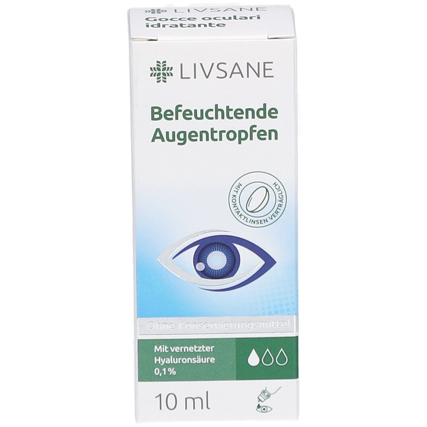 Boîte blanche avec informations produit. Inscription: Befeuchtende Augentropfen. Contient acide hyaluronique réticulé 0,1%. 10 ml.